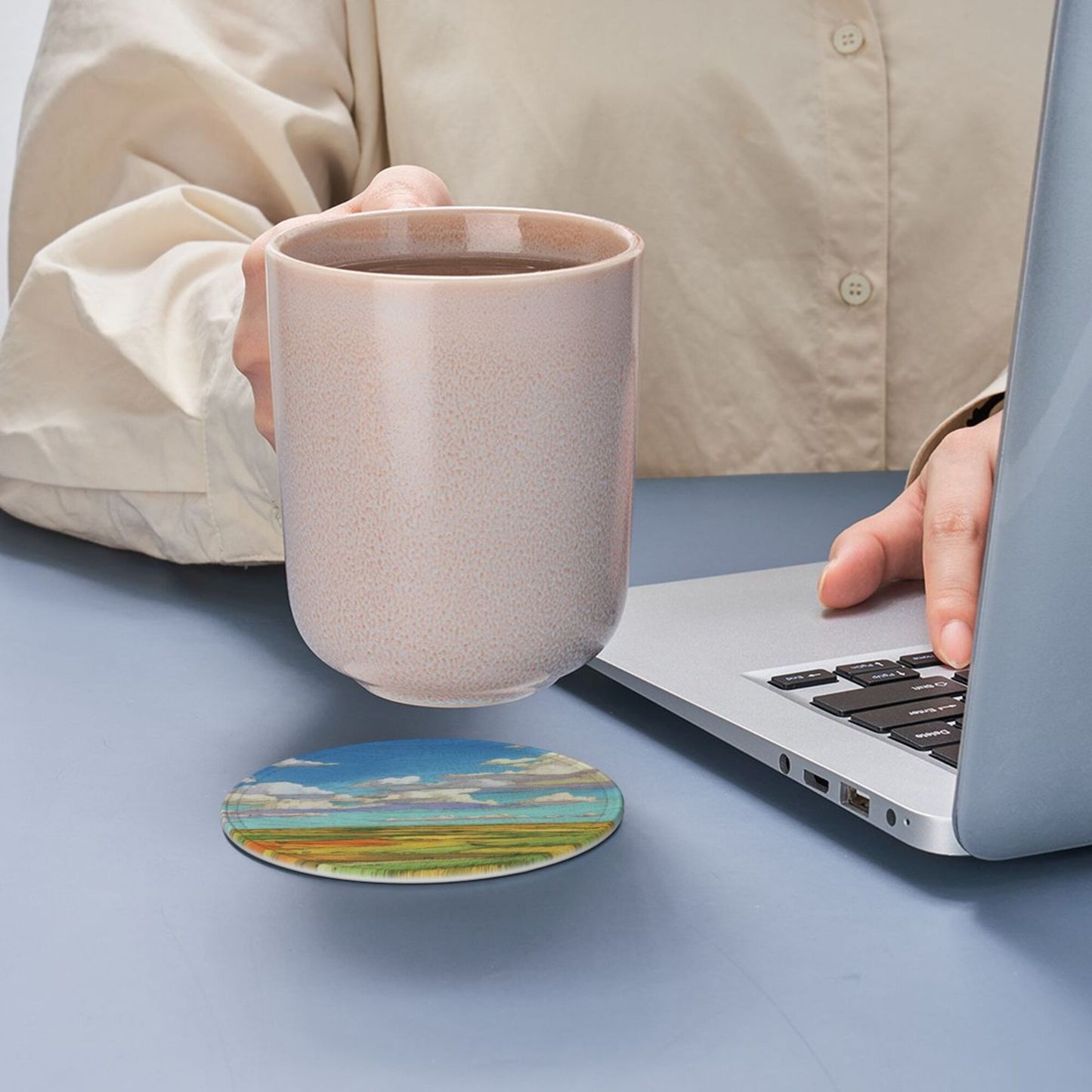 Vibrant Landscape - Printed Round Leather Coaster Set (6 - Piece with Storage Holder)