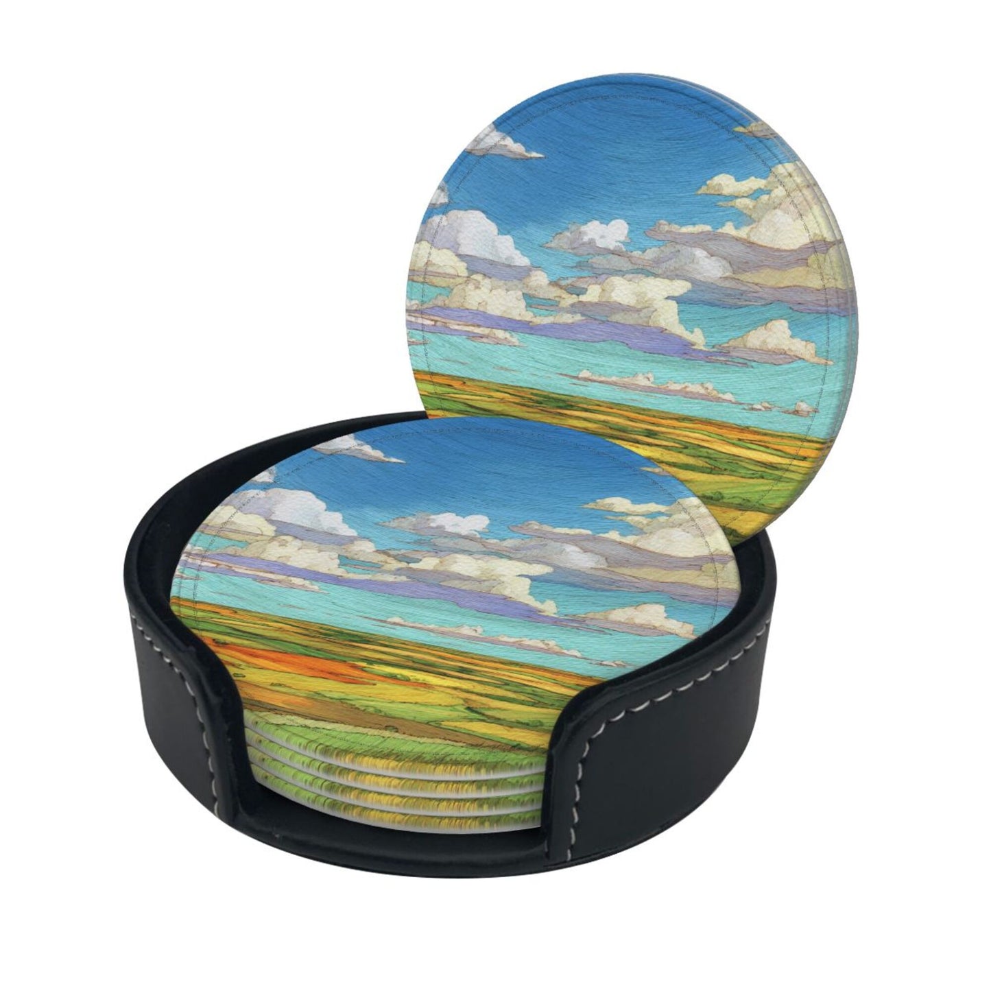 Vibrant Landscape - Printed Round Leather Coaster Set (6 - Piece with Storage Holder)