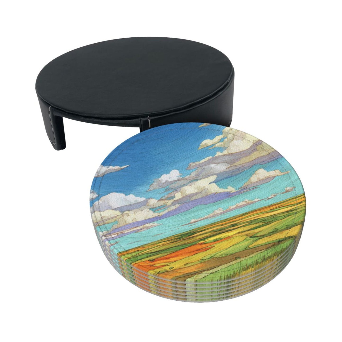 Vibrant Landscape - Printed Round Leather Coaster Set (6 - Piece with Storage Holder)