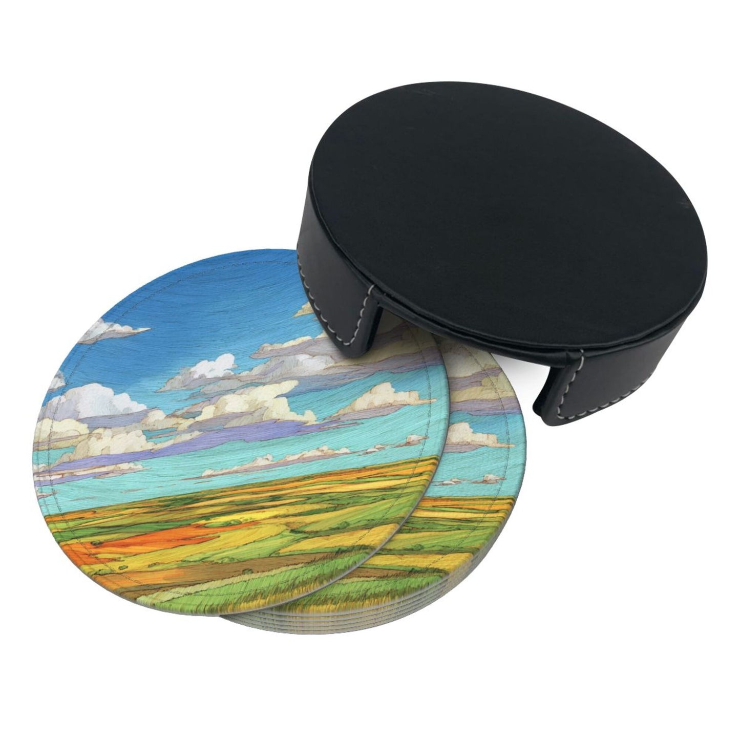 Vibrant Landscape - Printed Round Leather Coaster Set (6 - Piece with Storage Holder)