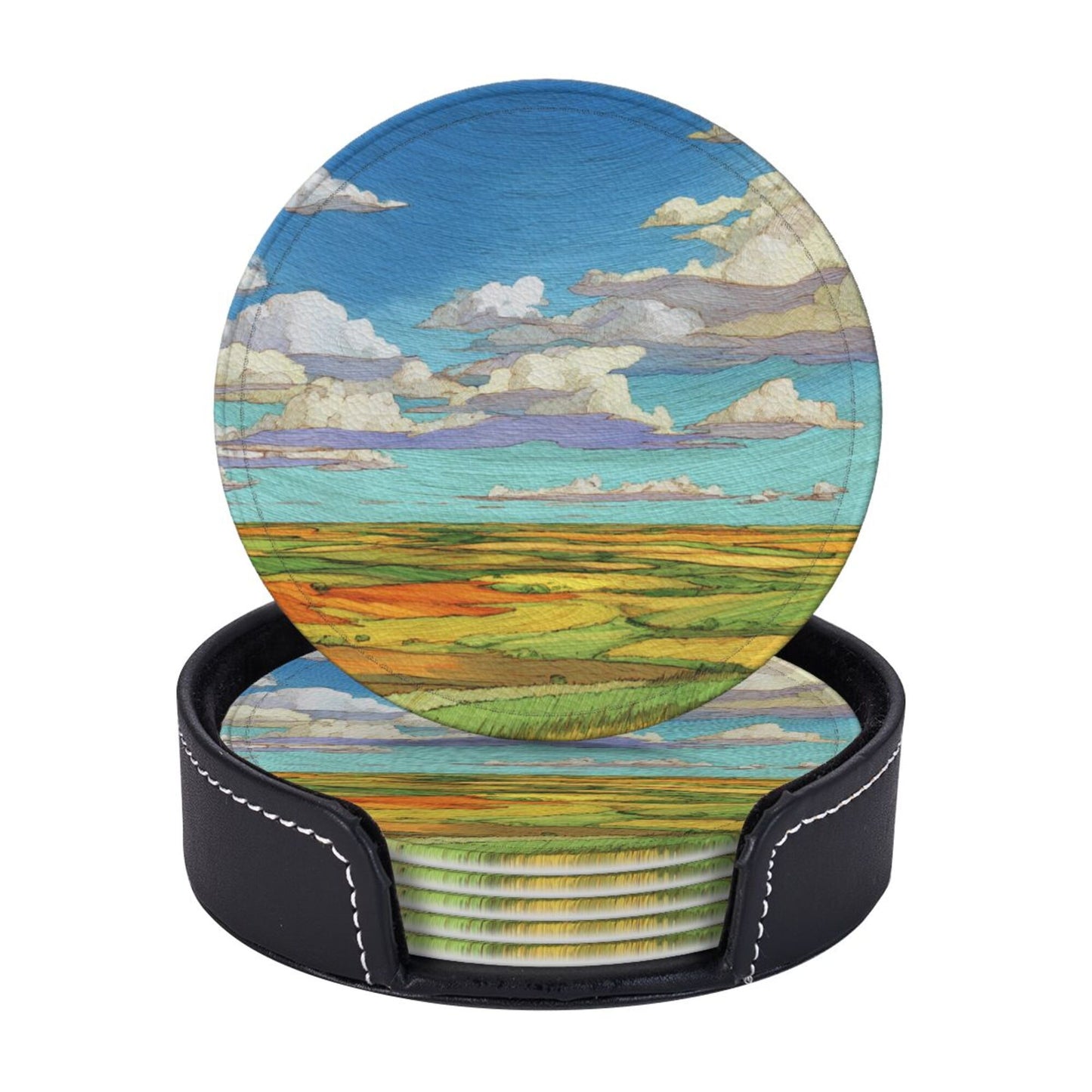 Vibrant Landscape - Printed Round Leather Coaster Set (6 - Piece with Storage Holder)