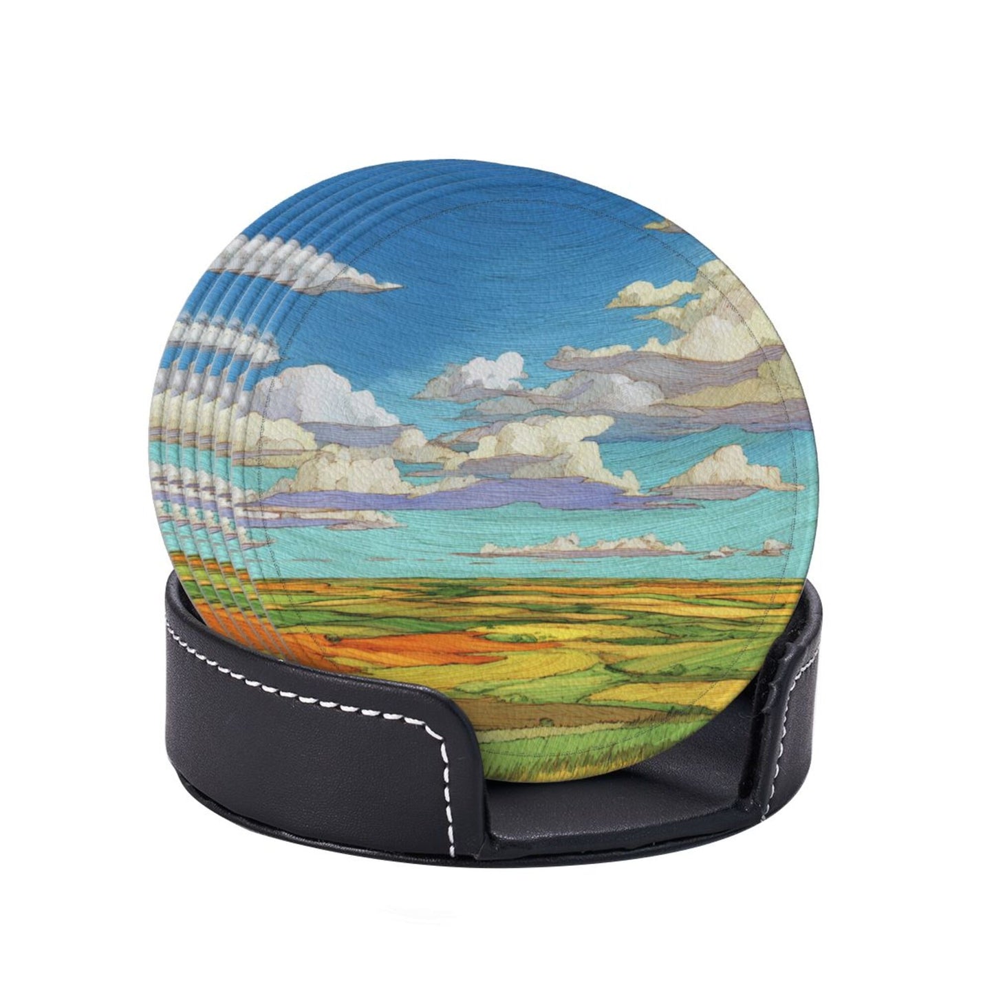 Vibrant Landscape - Printed Round Leather Coaster Set (6 - Piece with Storage Holder)