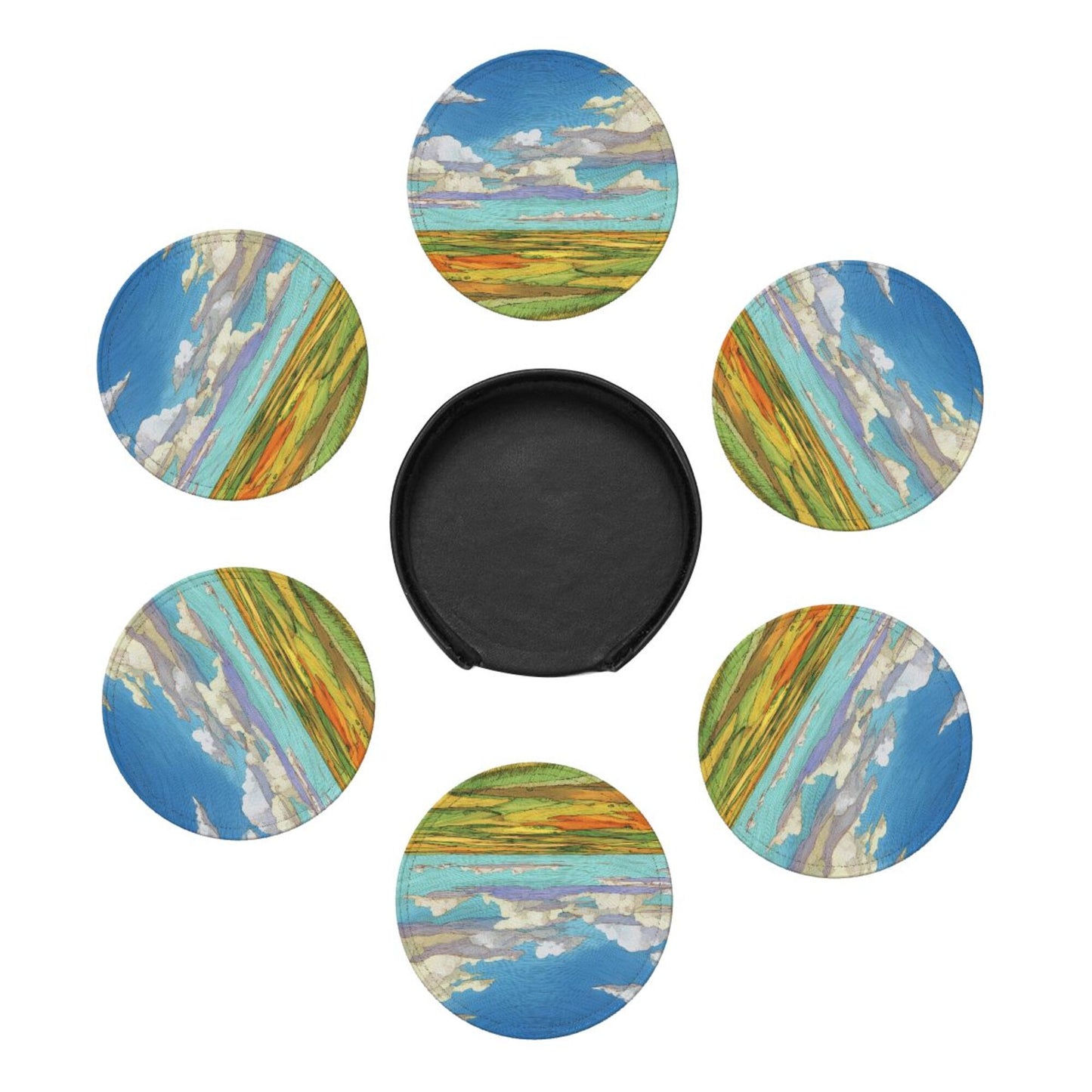 Vibrant Landscape - Printed Round Leather Coaster Set (6 - Piece with Storage Holder)