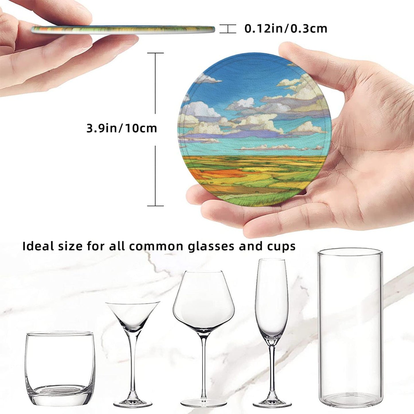 Vibrant Landscape - Printed Round Leather Coaster Set (6 - Piece with Storage Holder)