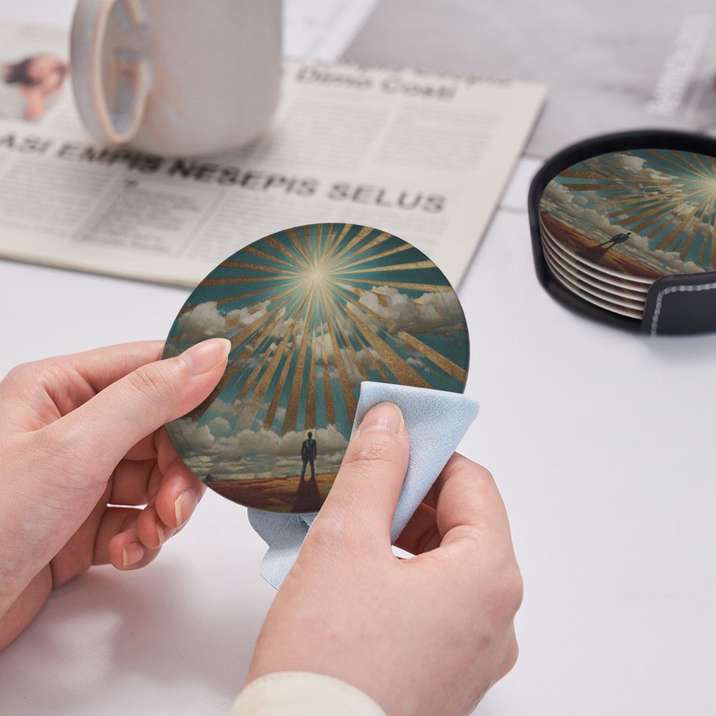 Sunrise Silhouette Round Leather Coaster Set (6 Pieces with Storage Holder)