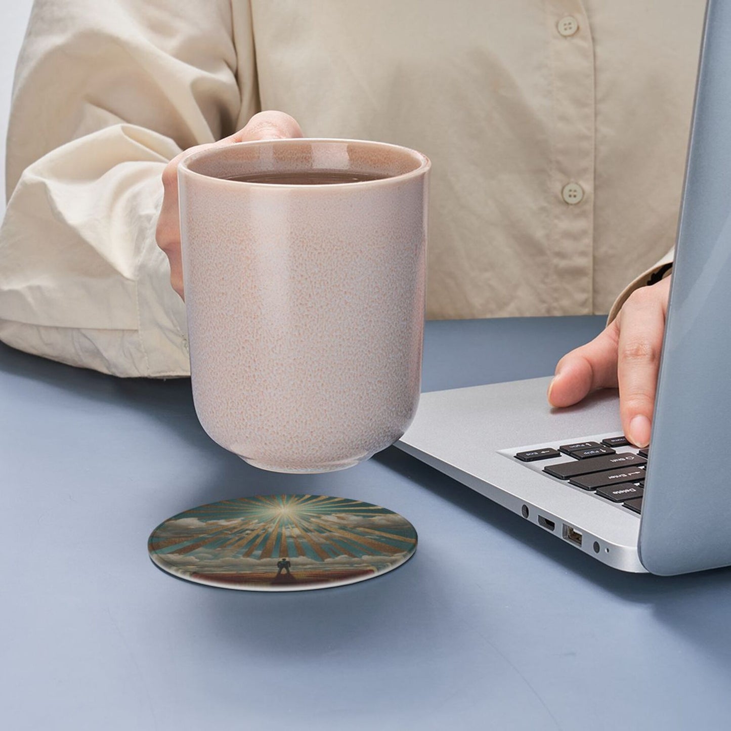 Sunrise Silhouette Round Leather Coaster Set (6 Pieces with Storage Holder)