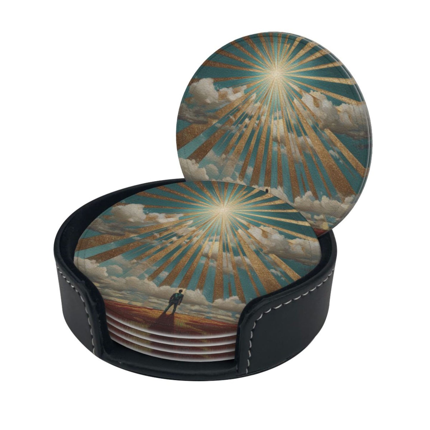 Sunrise Silhouette Round Leather Coaster Set (6 Pieces with Storage Holder)