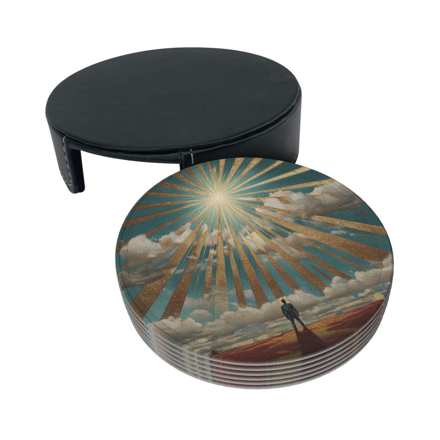 Sunrise Silhouette Round Leather Coaster Set (6 Pieces with Storage Holder)