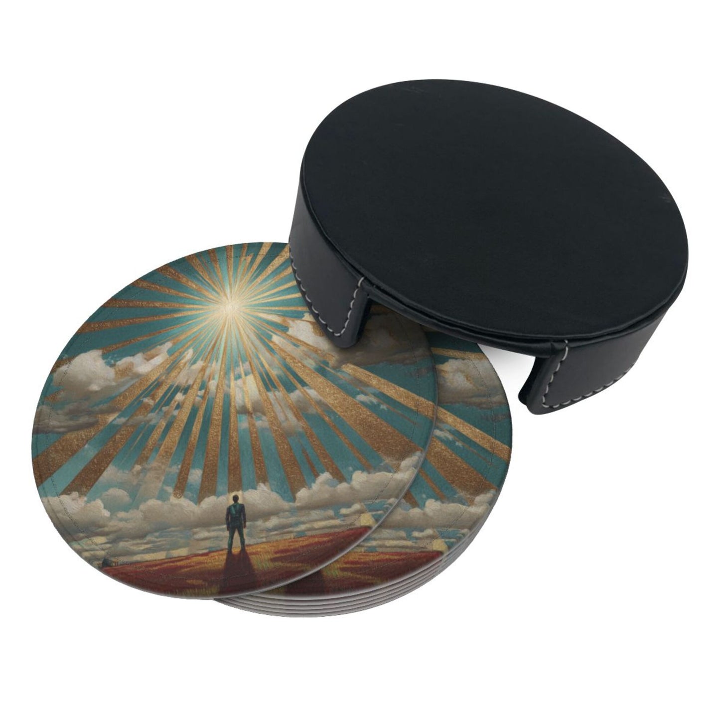 Sunrise Silhouette Round Leather Coaster Set (6 Pieces with Storage Holder)
