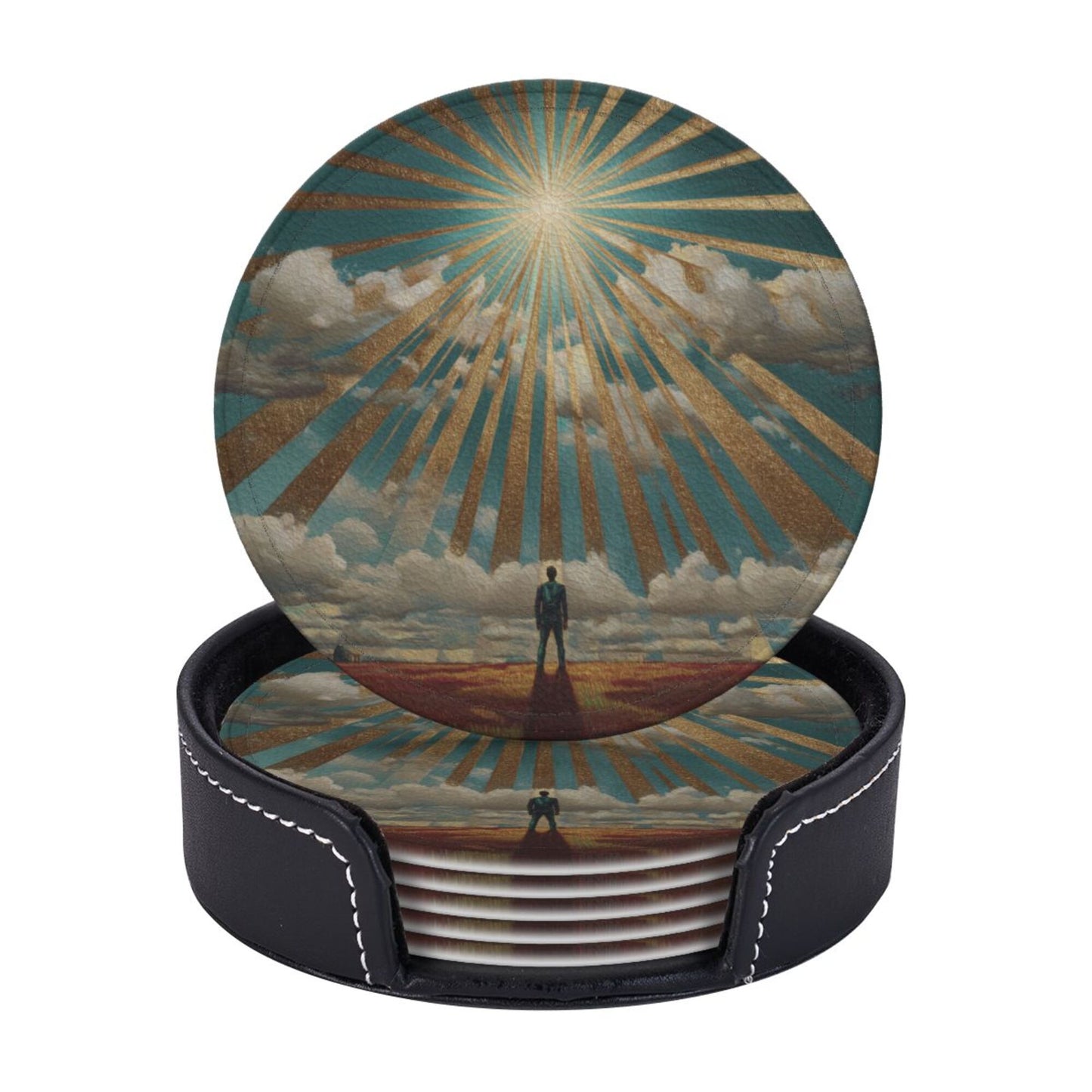 Sunrise Silhouette Round Leather Coaster Set (6 Pieces with Storage Holder)