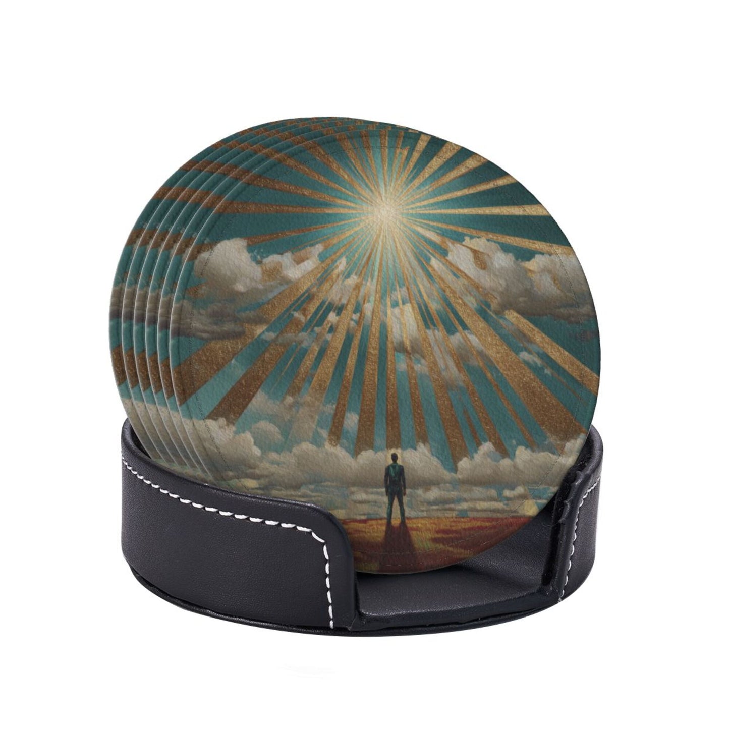 Sunrise Silhouette Round Leather Coaster Set (6 Pieces with Storage Holder)