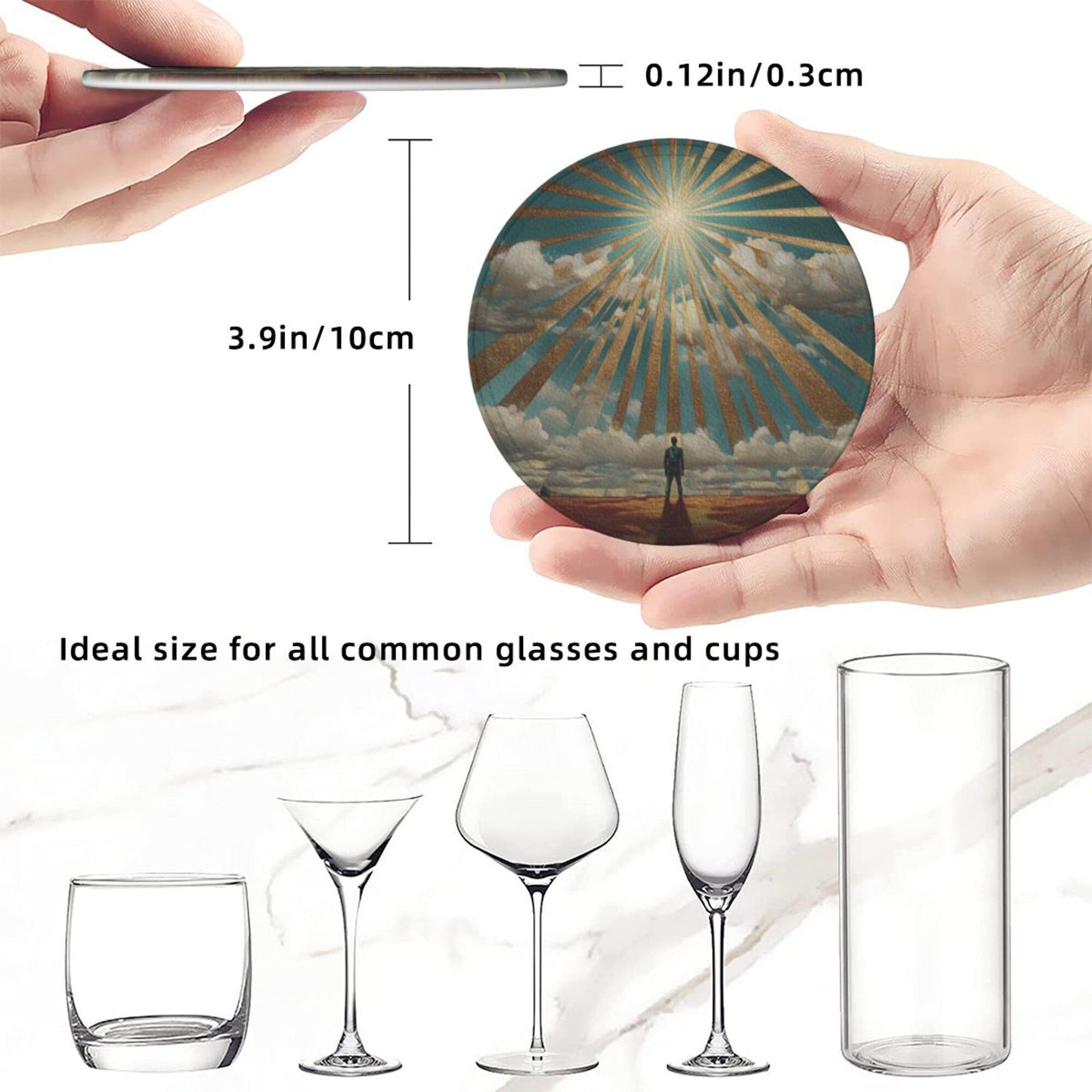 Sunrise Silhouette Round Leather Coaster Set (6 Pieces with Storage Holder)