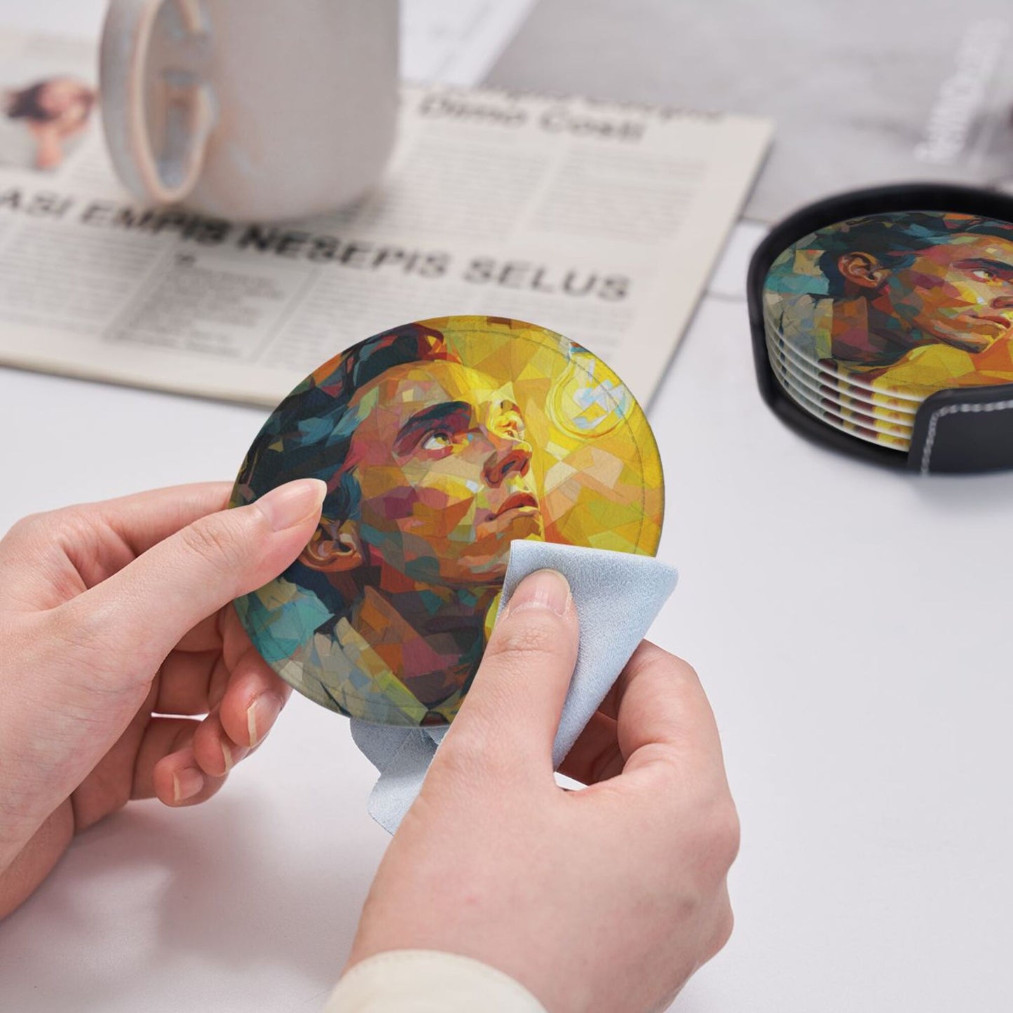 Artistic Portrait Round Leather Coaster Set (6 - Piece with Storage Holder)
