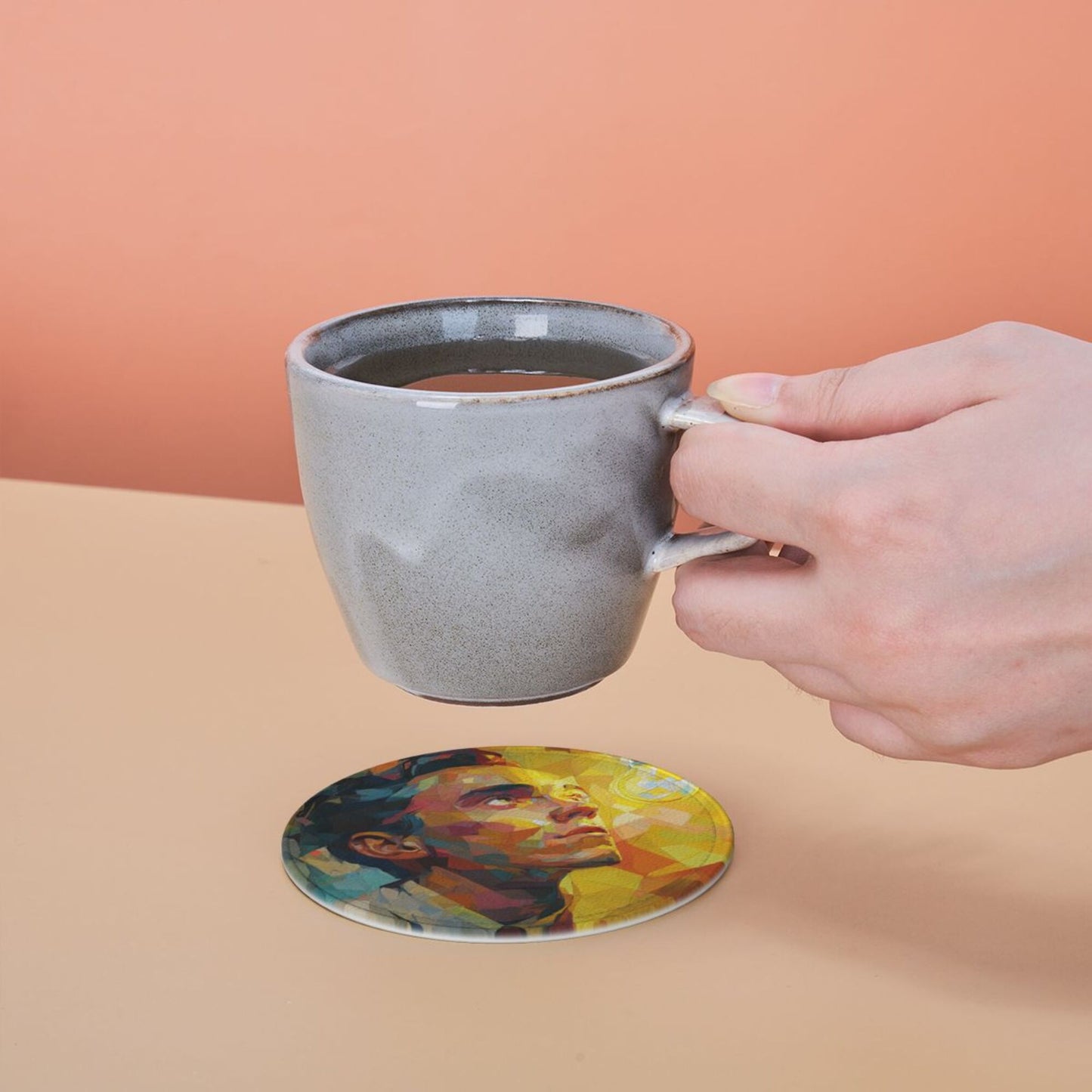 Artistic Portrait Round Leather Coaster Set (6 - Piece with Storage Holder)