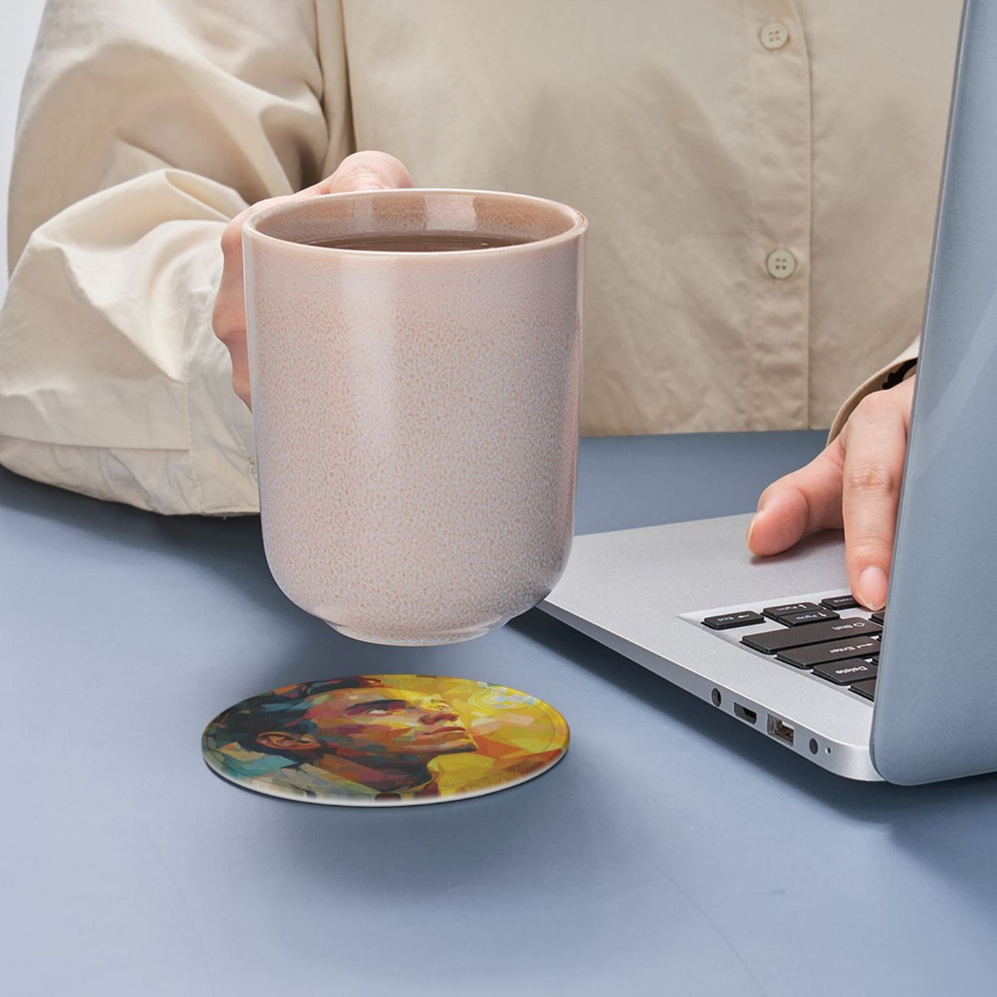 Artistic Portrait Round Leather Coaster Set (6 - Piece with Storage Holder)