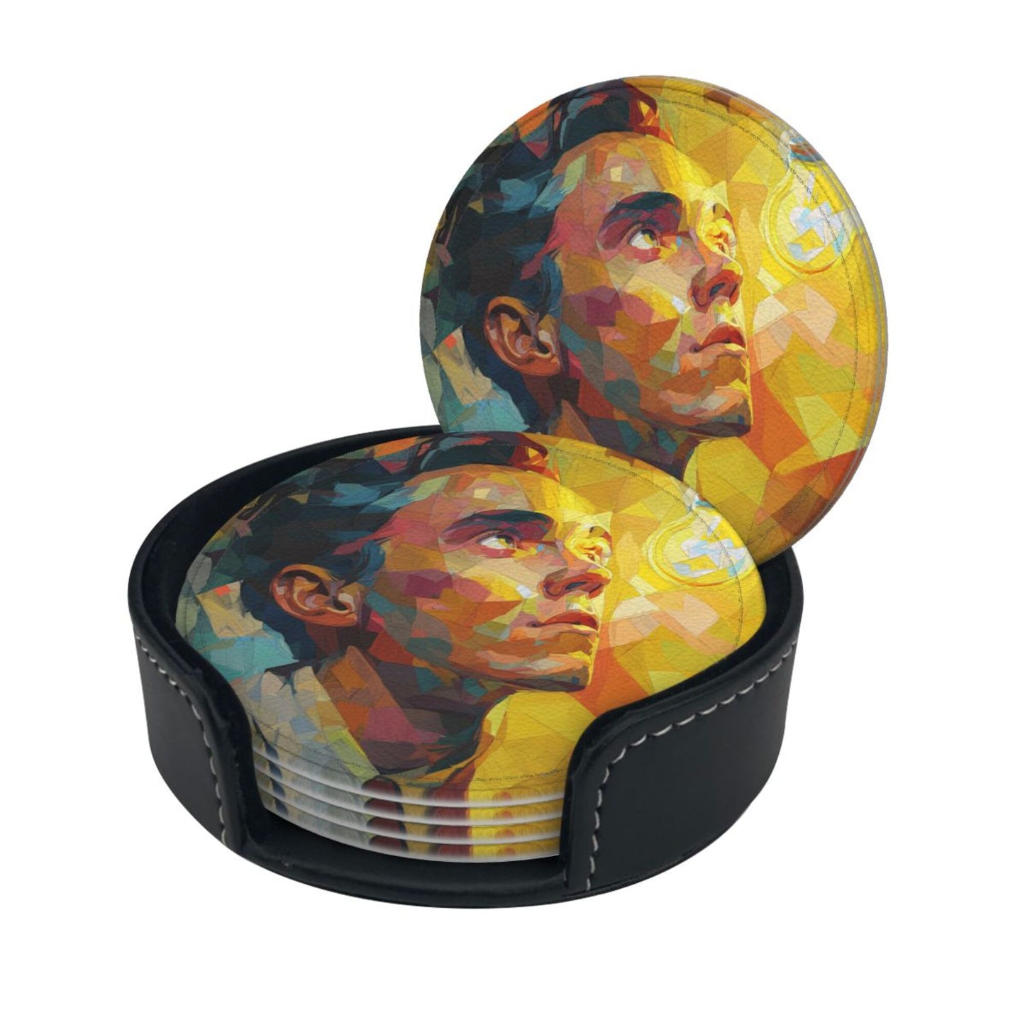 Artistic Portrait Round Leather Coaster Set (6 - Piece with Storage Holder)