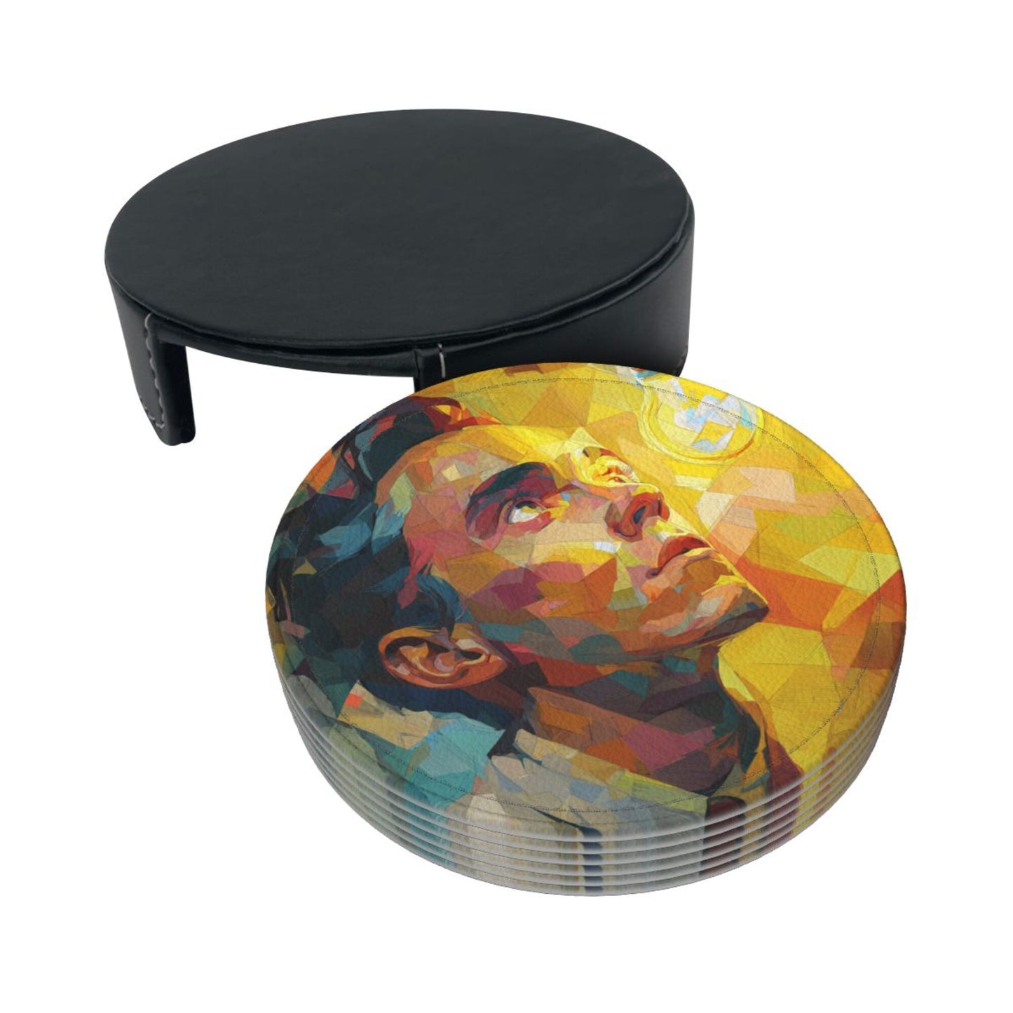Artistic Portrait Round Leather Coaster Set (6 - Piece with Storage Holder)
