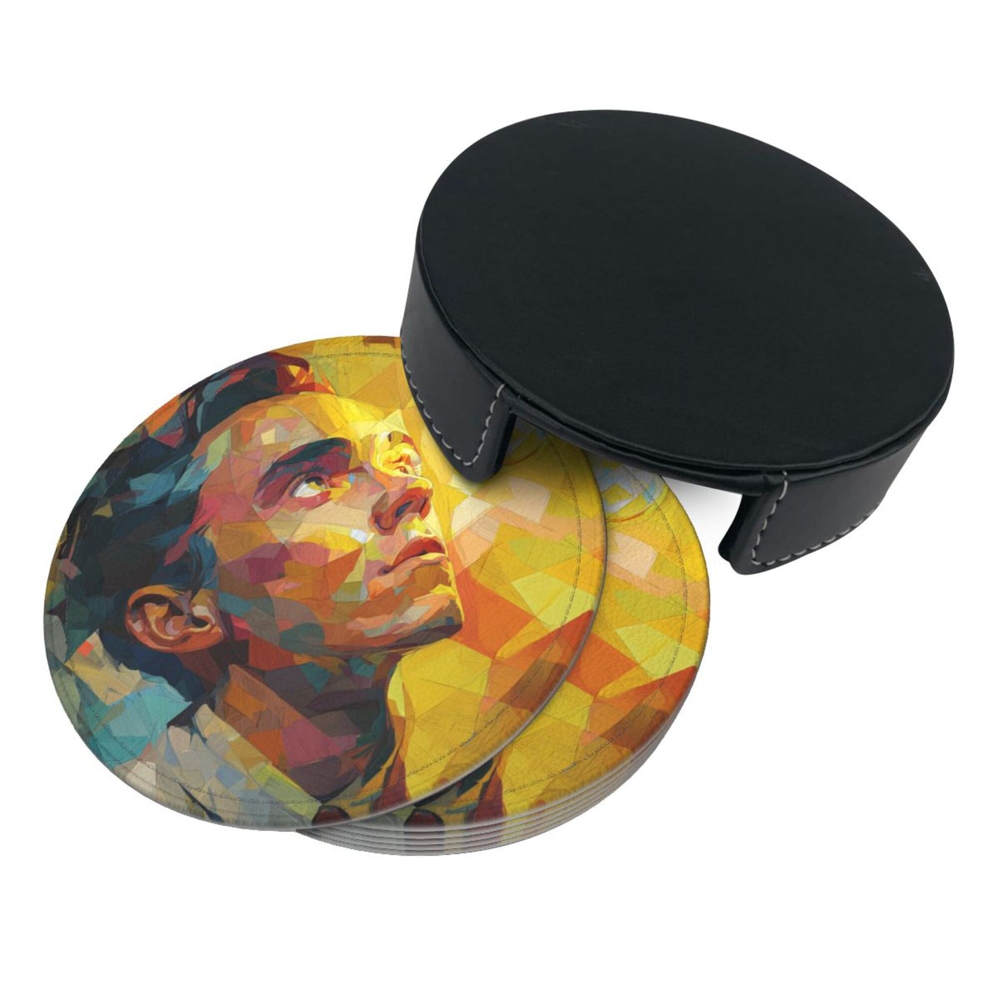 Artistic Portrait Round Leather Coaster Set (6 - Piece with Storage Holder)