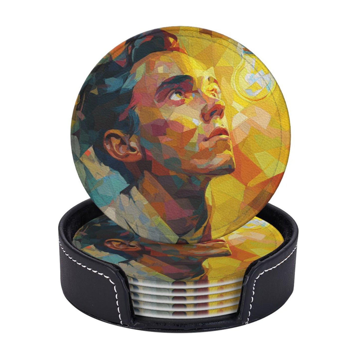 Artistic Portrait Round Leather Coaster Set (6 - Piece with Storage Holder)