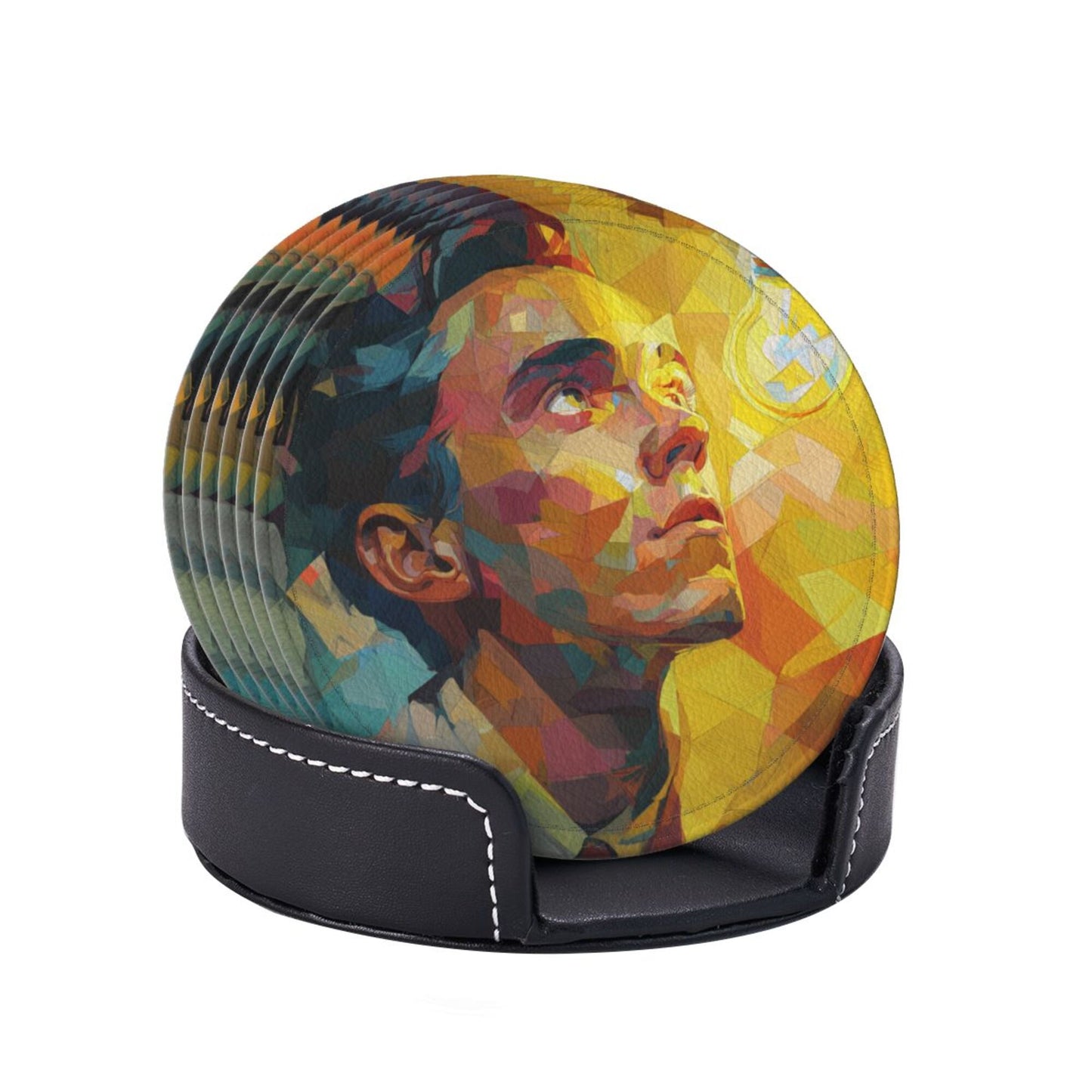 Artistic Portrait Round Leather Coaster Set (6 - Piece with Storage Holder)