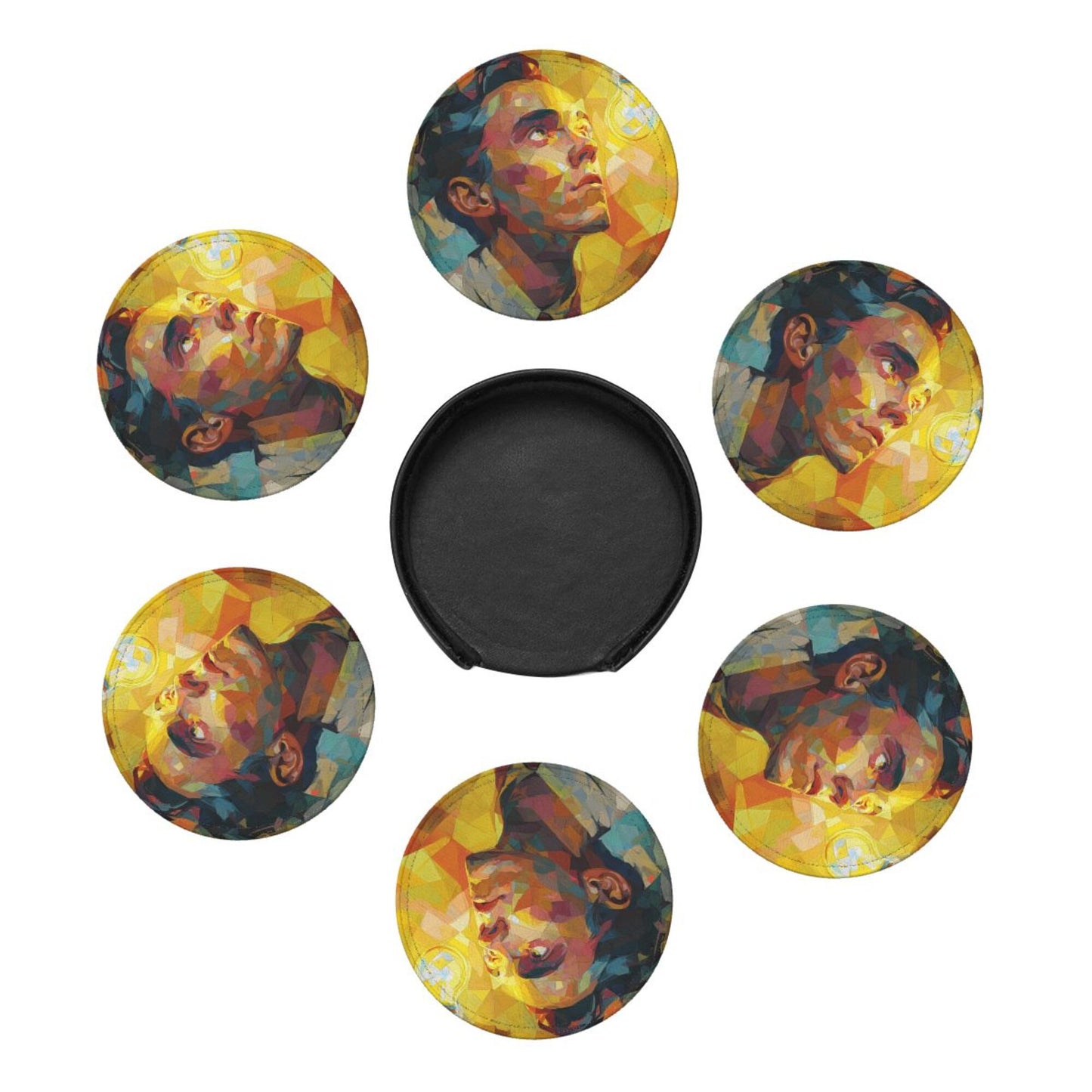 Artistic Portrait Round Leather Coaster Set (6 - Piece with Storage Holder)