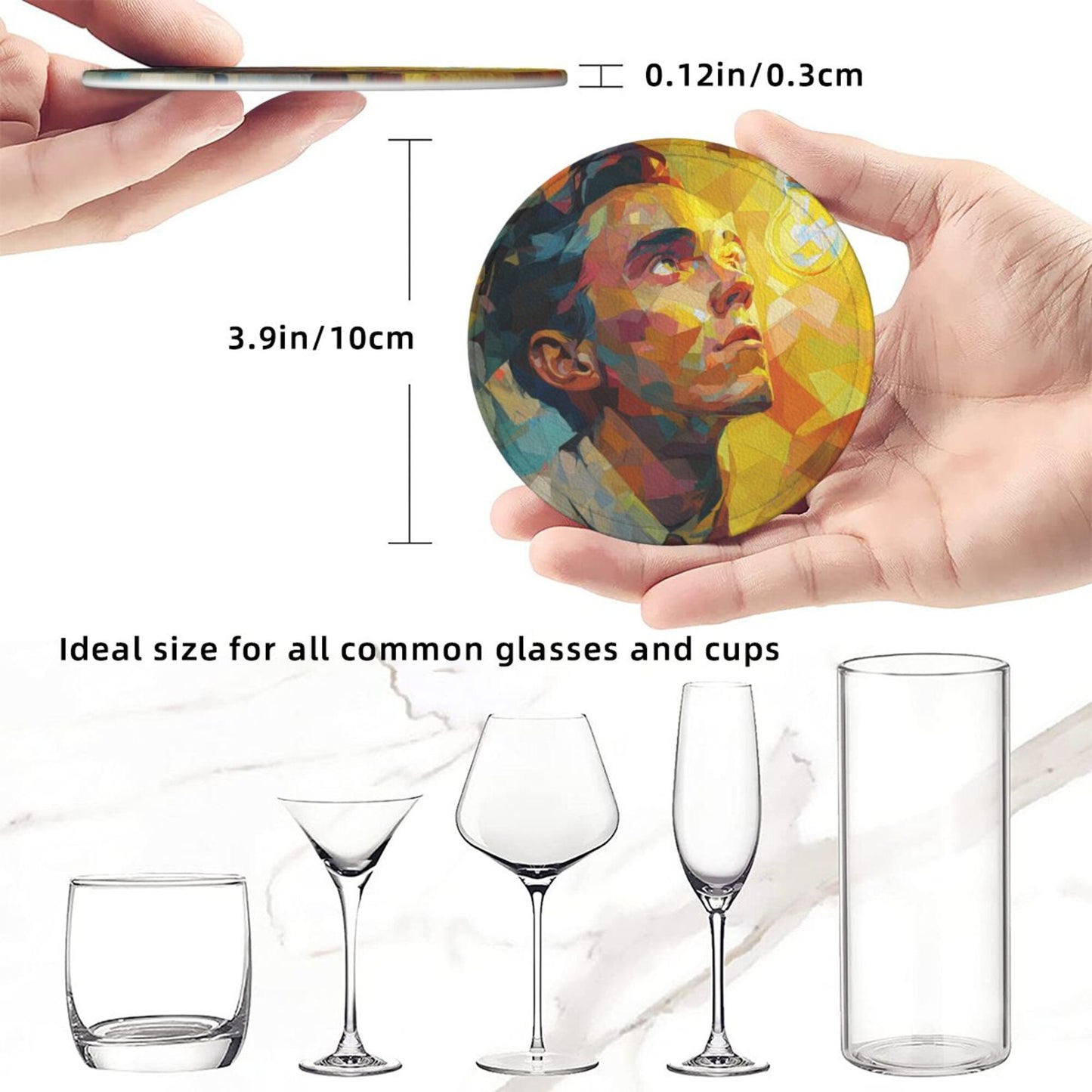 Artistic Portrait Round Leather Coaster Set (6 - Piece with Storage Holder)