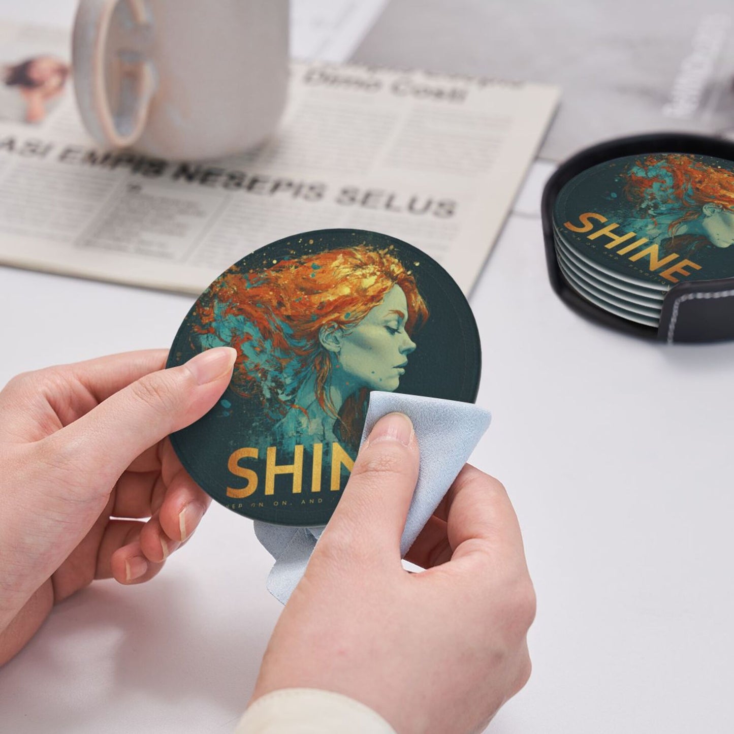 Artistic Portrait - Printed Round Leather Coaster Set (6 Pieces + Storage Box)