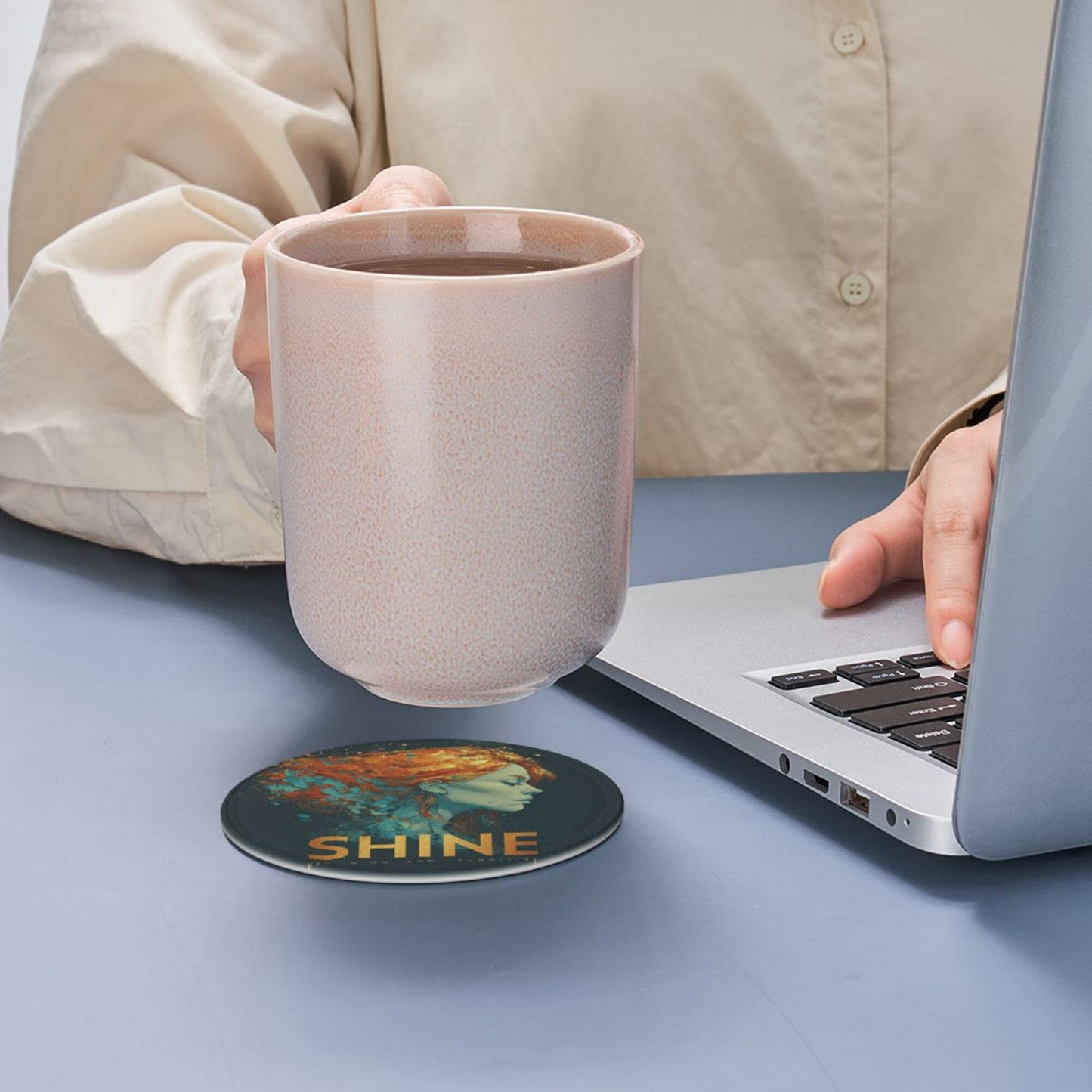 Artistic Portrait - Printed Round Leather Coaster Set (6 Pieces + Storage Box)