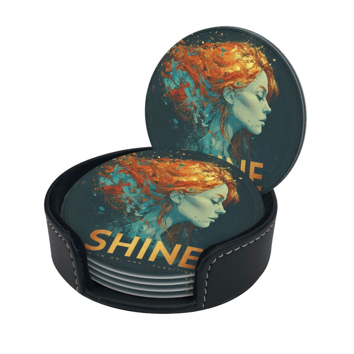 Artistic Portrait - Printed Round Leather Coaster Set (6 Pieces + Storage Box)