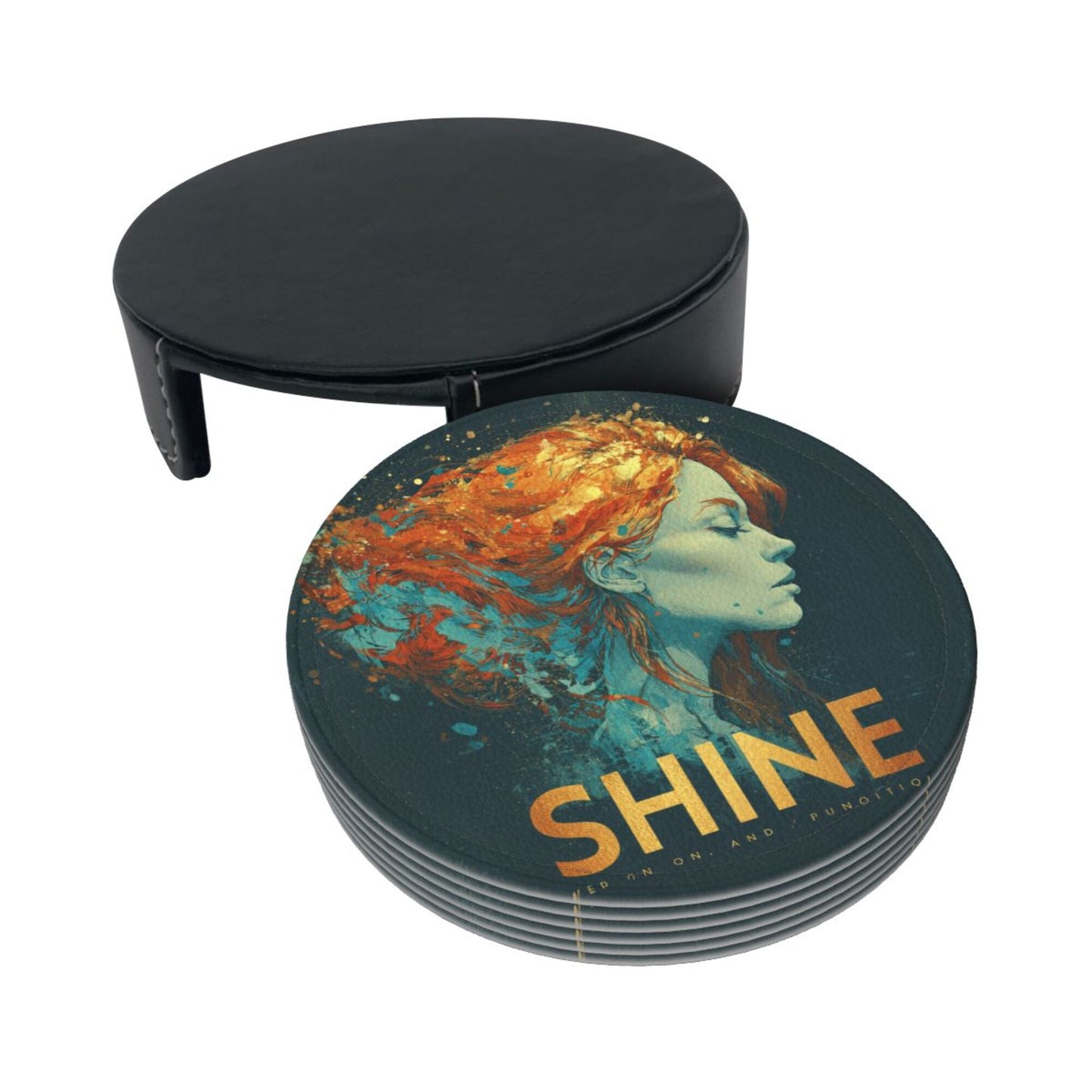 Artistic Portrait - Printed Round Leather Coaster Set (6 Pieces + Storage Box)