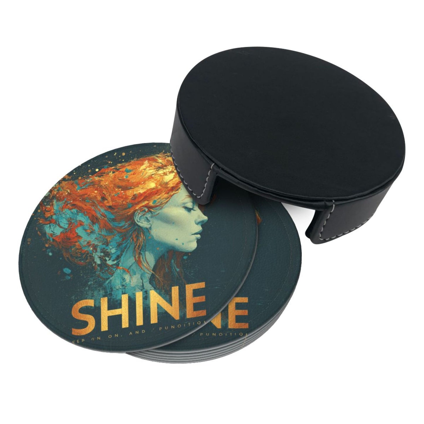 Artistic Portrait - Printed Round Leather Coaster Set (6 Pieces + Storage Box)