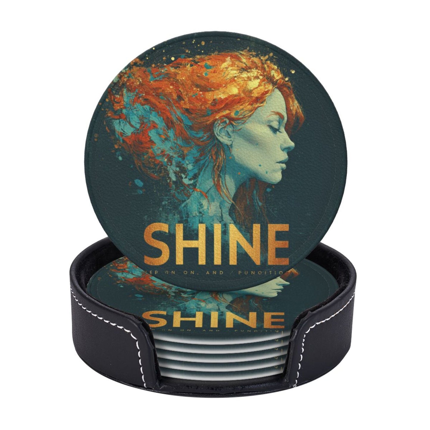 Artistic Portrait - Printed Round Leather Coaster Set (6 Pieces + Storage Box)