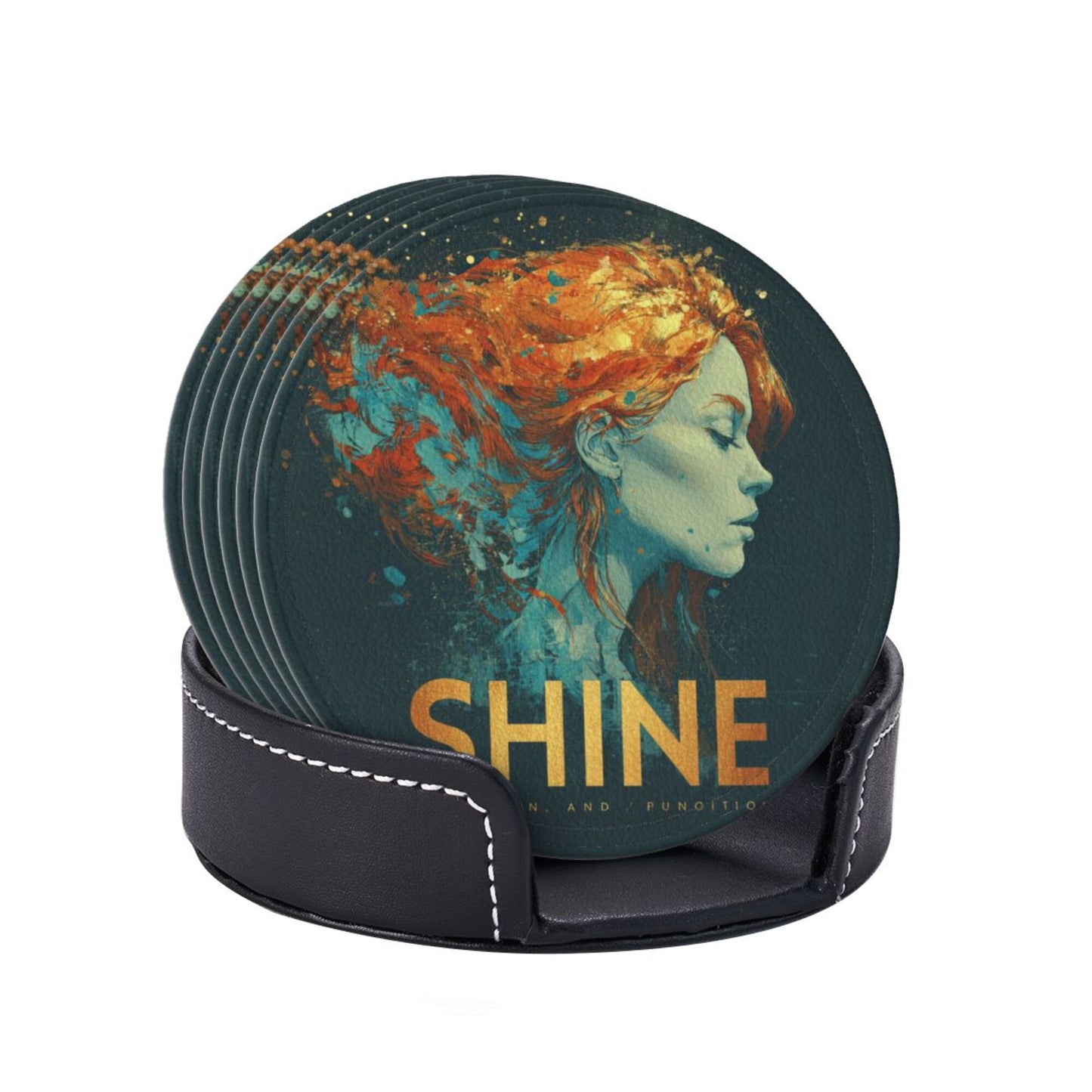Artistic Portrait - Printed Round Leather Coaster Set (6 Pieces + Storage Box)