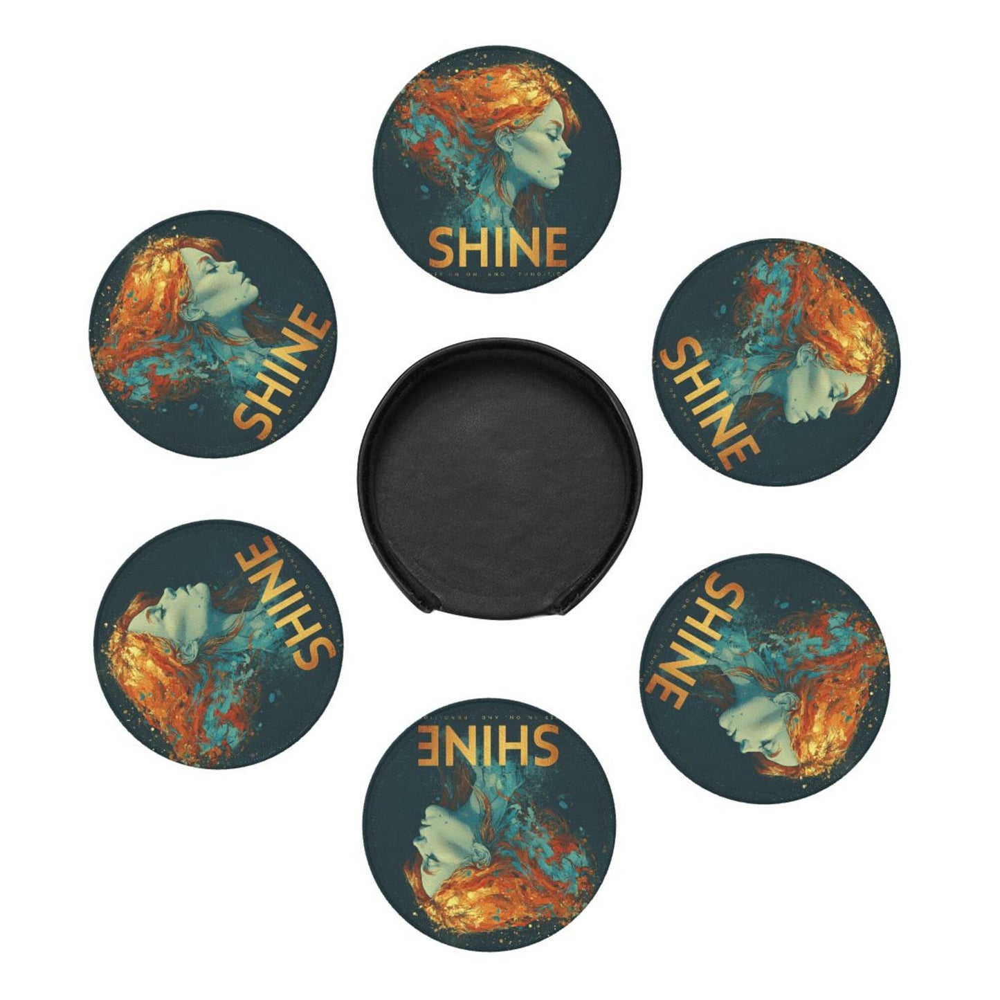 Artistic Portrait - Printed Round Leather Coaster Set (6 Pieces + Storage Box)