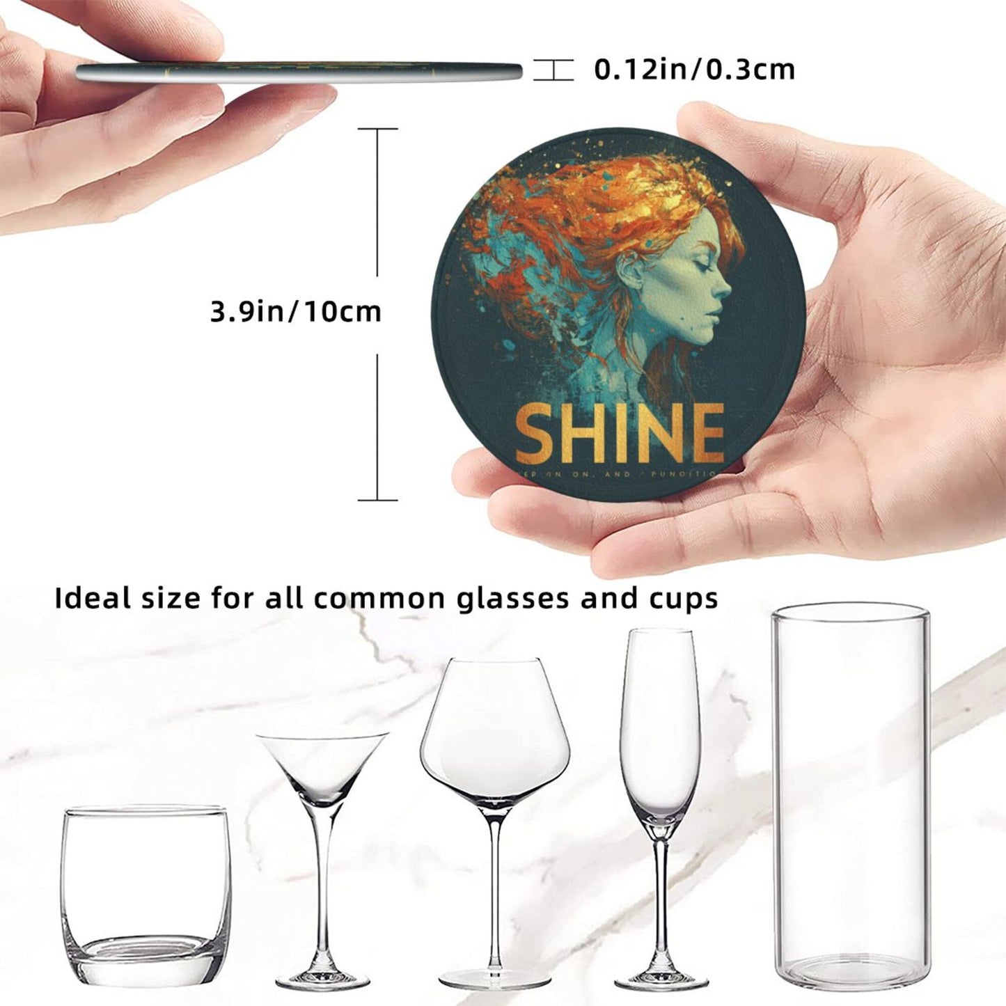 Artistic Portrait - Printed Round Leather Coaster Set (6 Pieces + Storage Box)