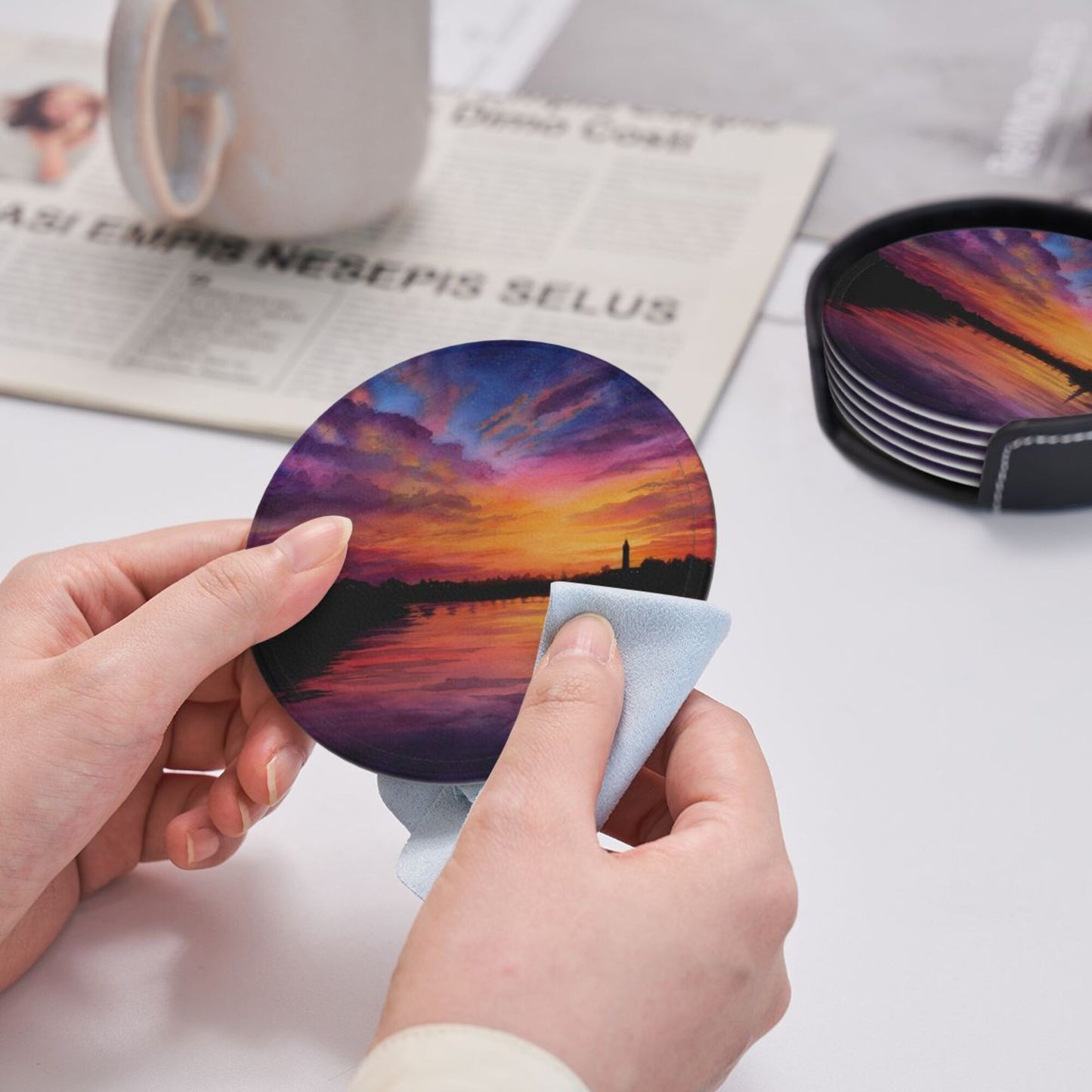 Sunset Landscape Round Leather Coaster Set (6 - Piece with Storage Holder)