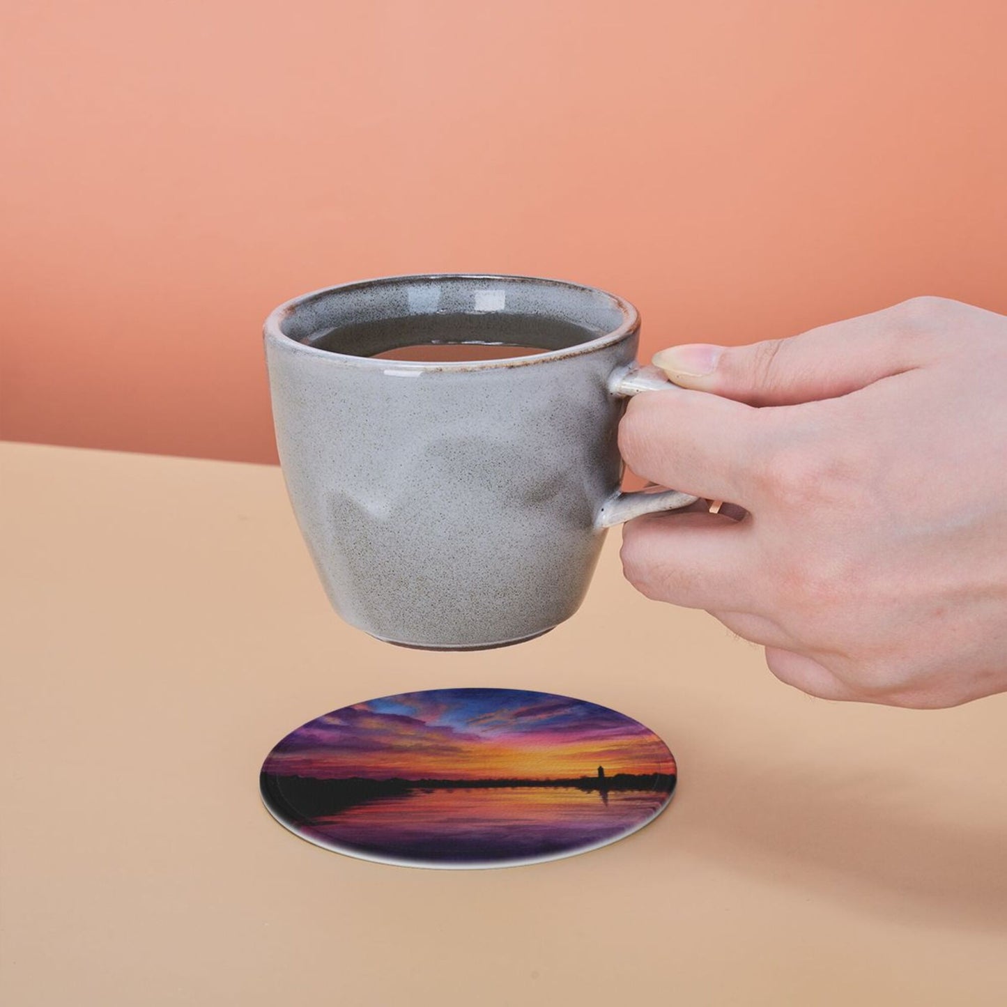 Sunset Landscape Round Leather Coaster Set (6 - Piece with Storage Holder)