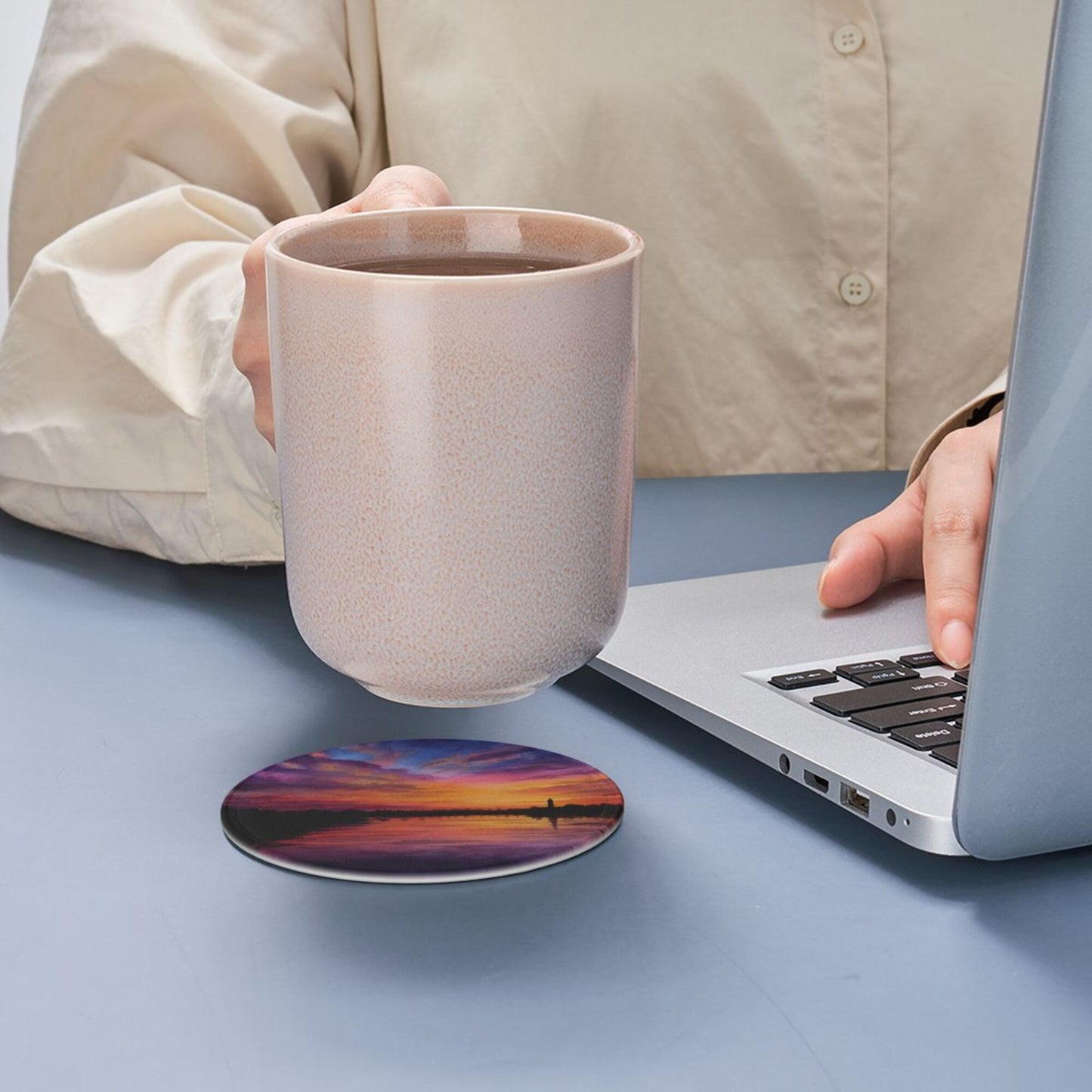 Sunset Landscape Round Leather Coaster Set (6 - Piece with Storage Holder)