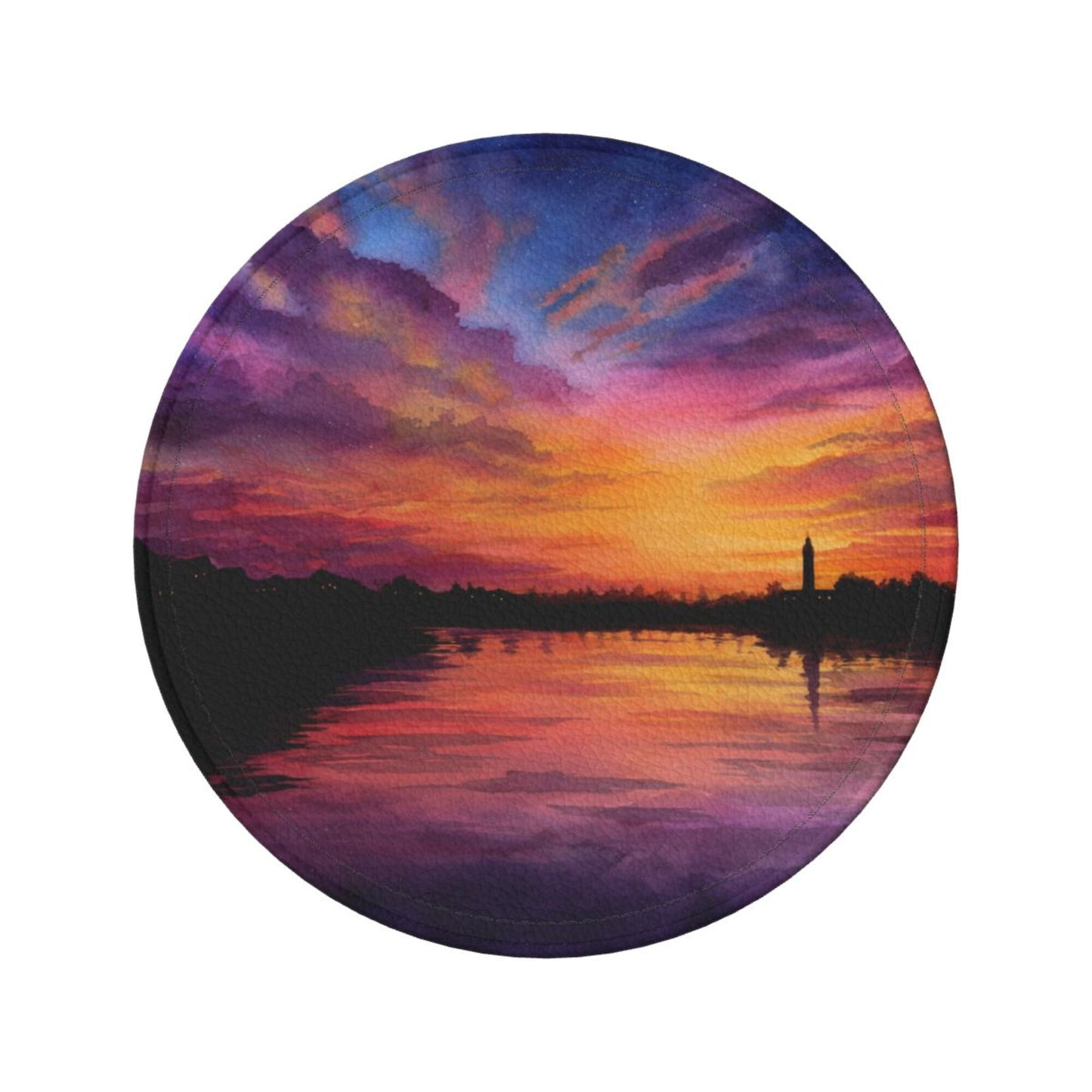 Sunset Landscape Round Leather Coaster Set (6 - Piece with Storage Holder)