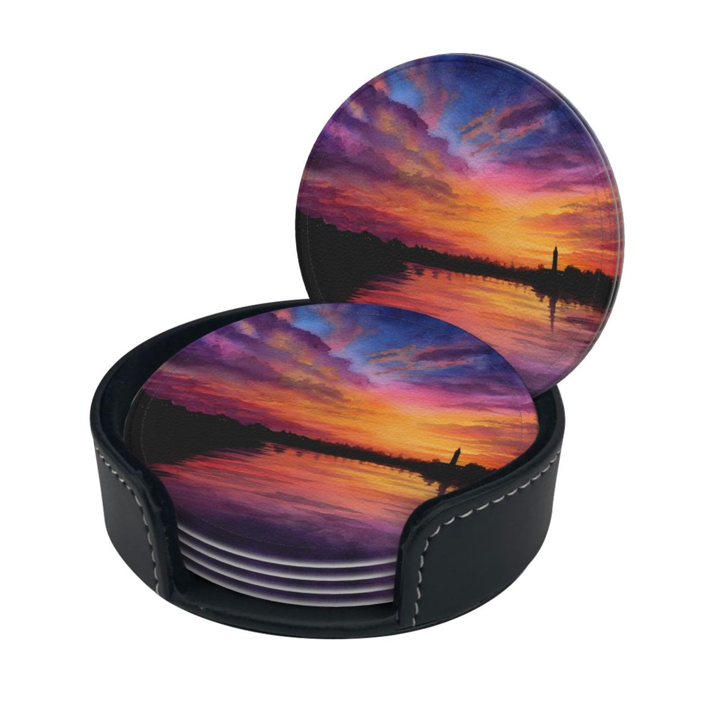 Sunset Landscape Round Leather Coaster Set (6 - Piece with Storage Holder)