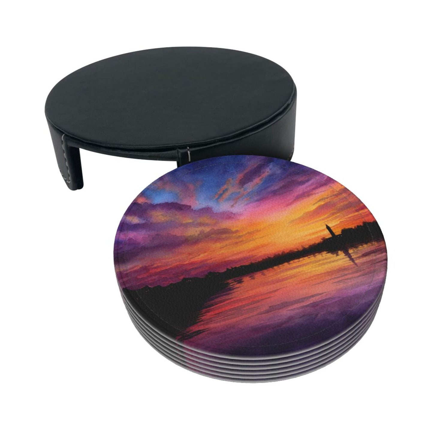 Sunset Landscape Round Leather Coaster Set (6 - Piece with Storage Holder)
