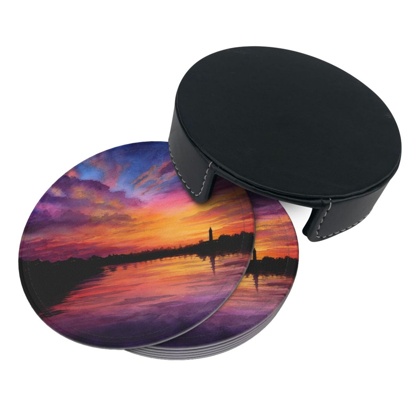 Sunset Landscape Round Leather Coaster Set (6 - Piece with Storage Holder)
