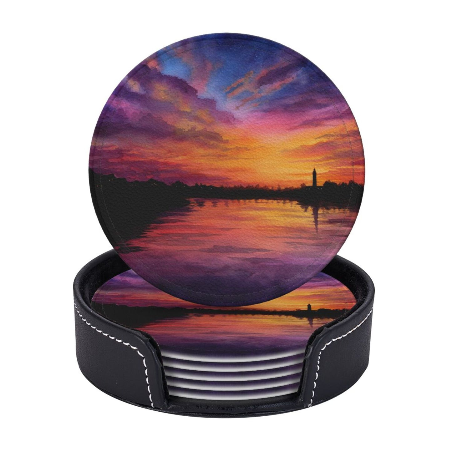 Sunset Landscape Round Leather Coaster Set (6 - Piece with Storage Holder)