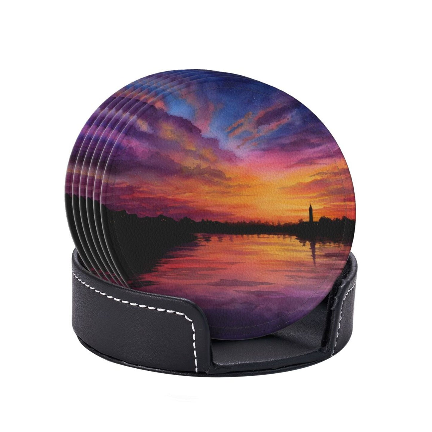 Sunset Landscape Round Leather Coaster Set (6 - Piece with Storage Holder)