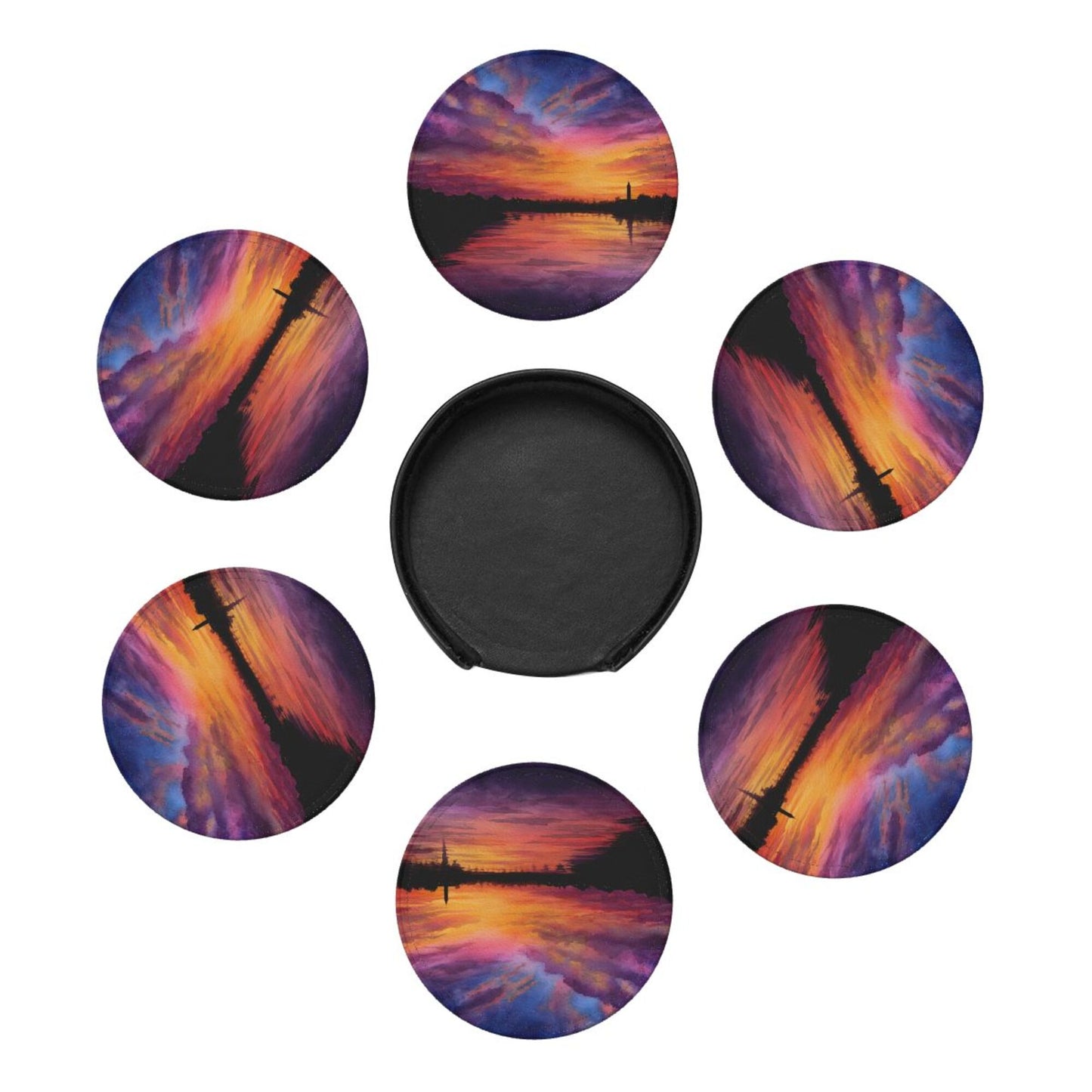 Sunset Landscape Round Leather Coaster Set (6 - Piece with Storage Holder)