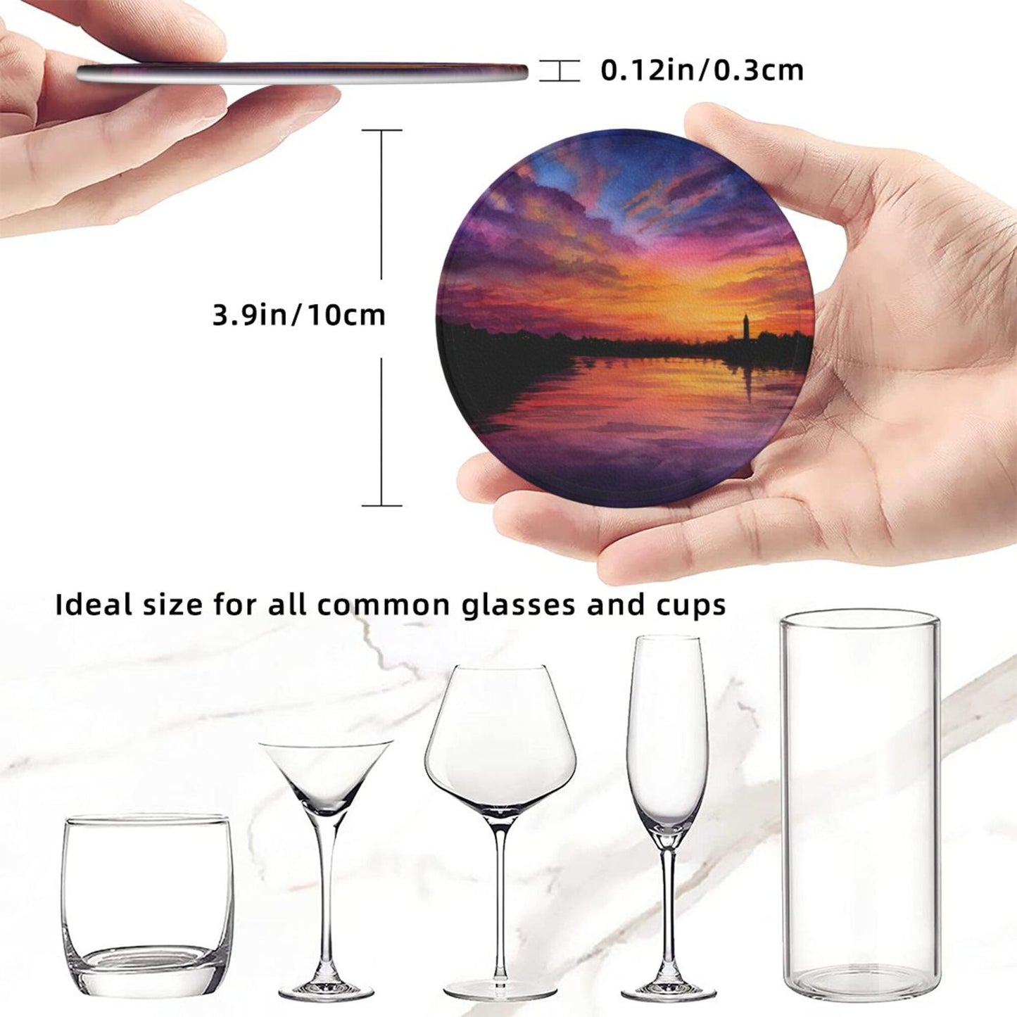 Sunset Landscape Round Leather Coaster Set (6 - Piece with Storage Holder)