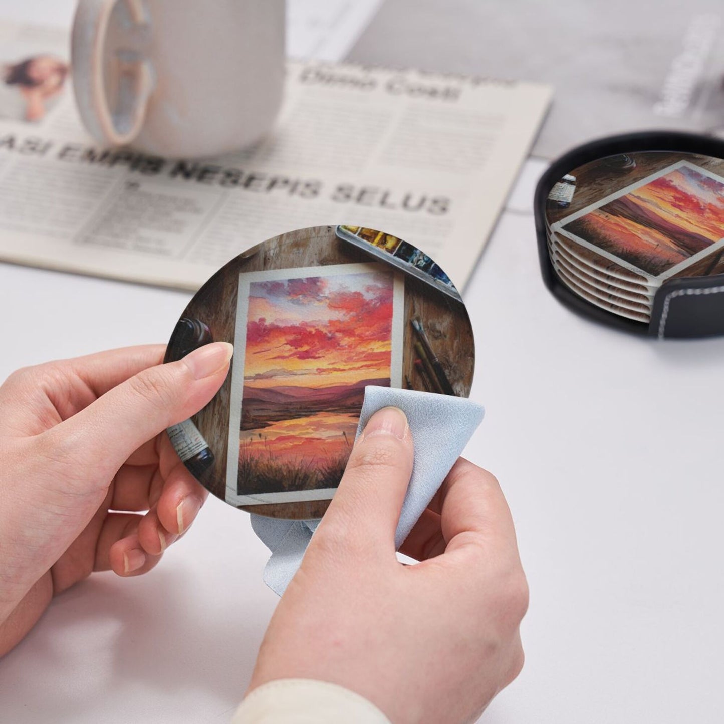 Artistic Hand - painted Sunset Landscape Round Leather Coaster Set (6 Pieces + Storage Box)