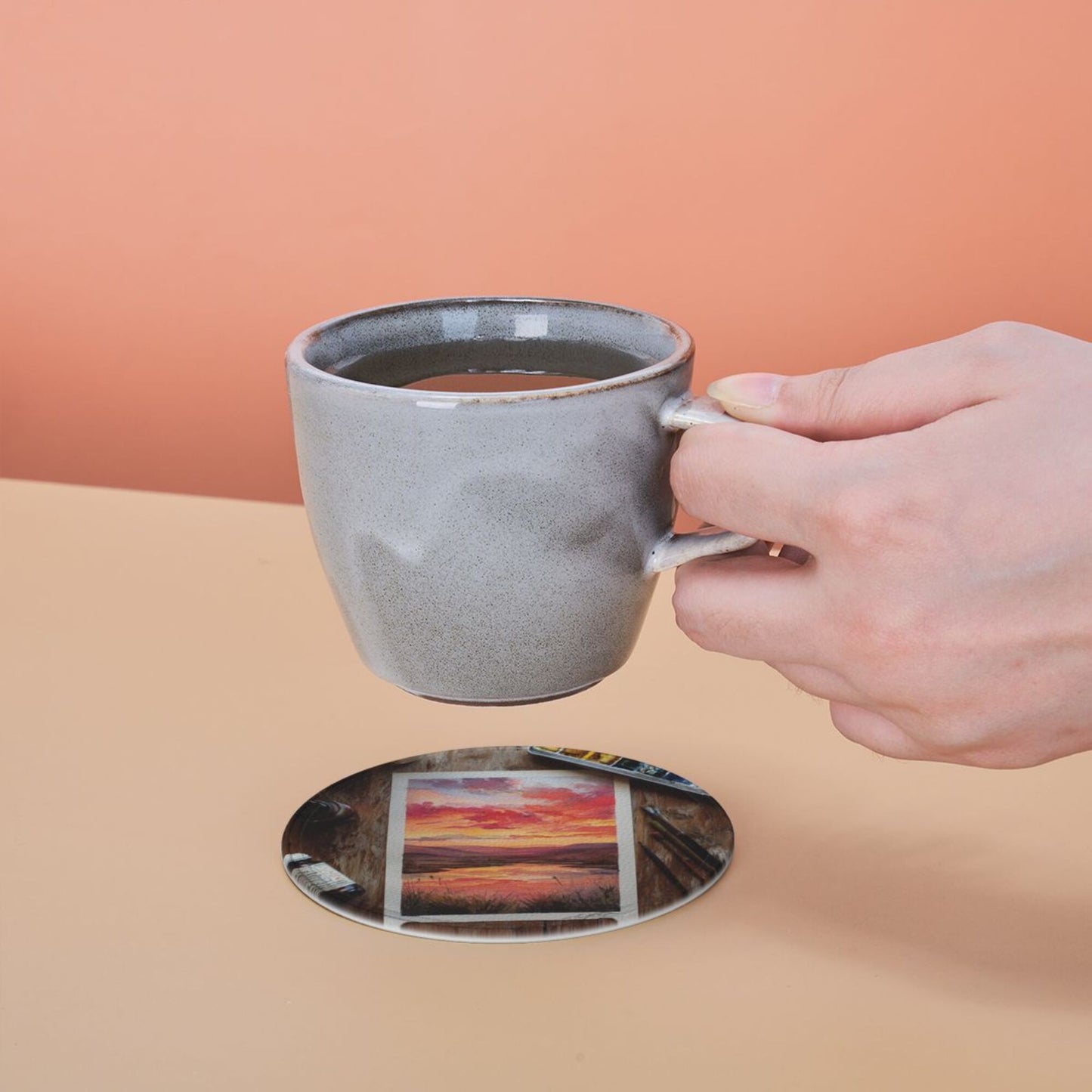 Artistic Hand - painted Sunset Landscape Round Leather Coaster Set (6 Pieces + Storage Box)