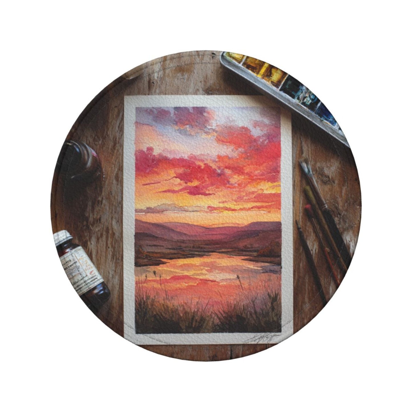 Artistic Hand - painted Sunset Landscape Round Leather Coaster Set (6 Pieces + Storage Box)