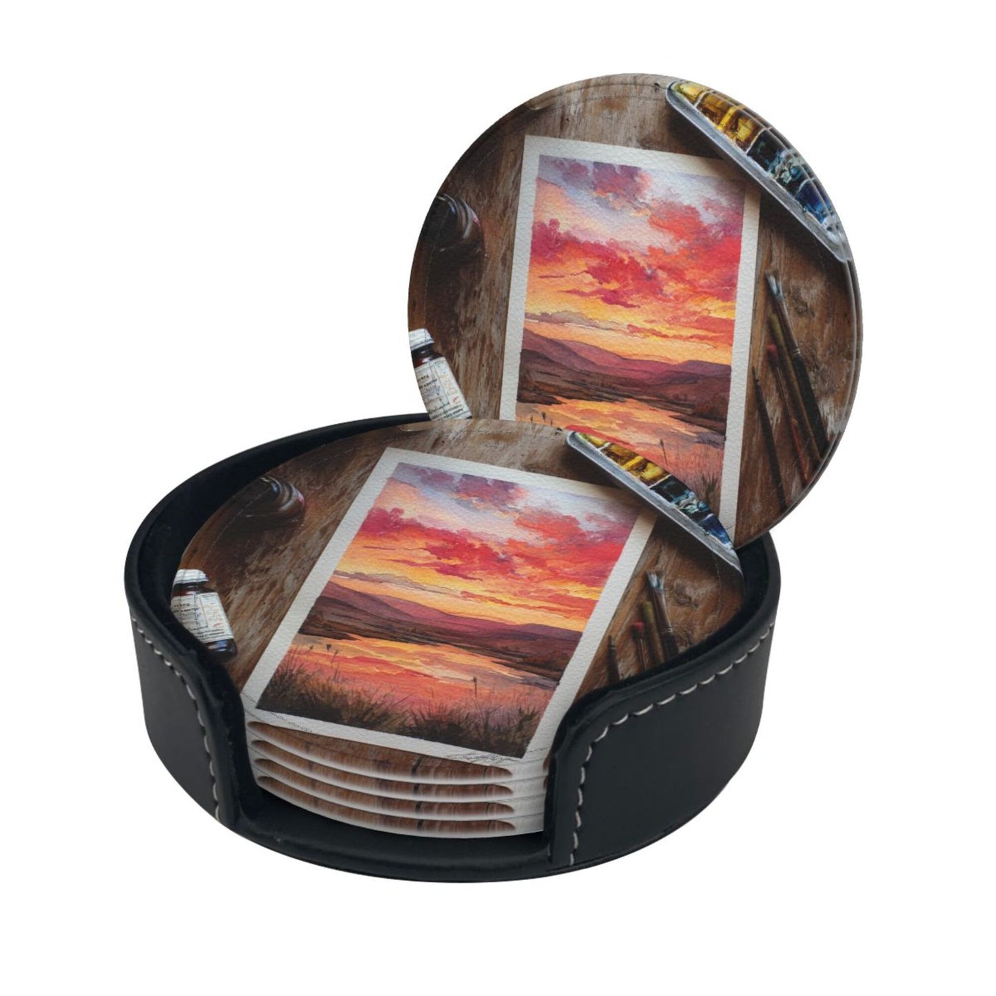 Artistic Hand - painted Sunset Landscape Round Leather Coaster Set (6 Pieces + Storage Box)
